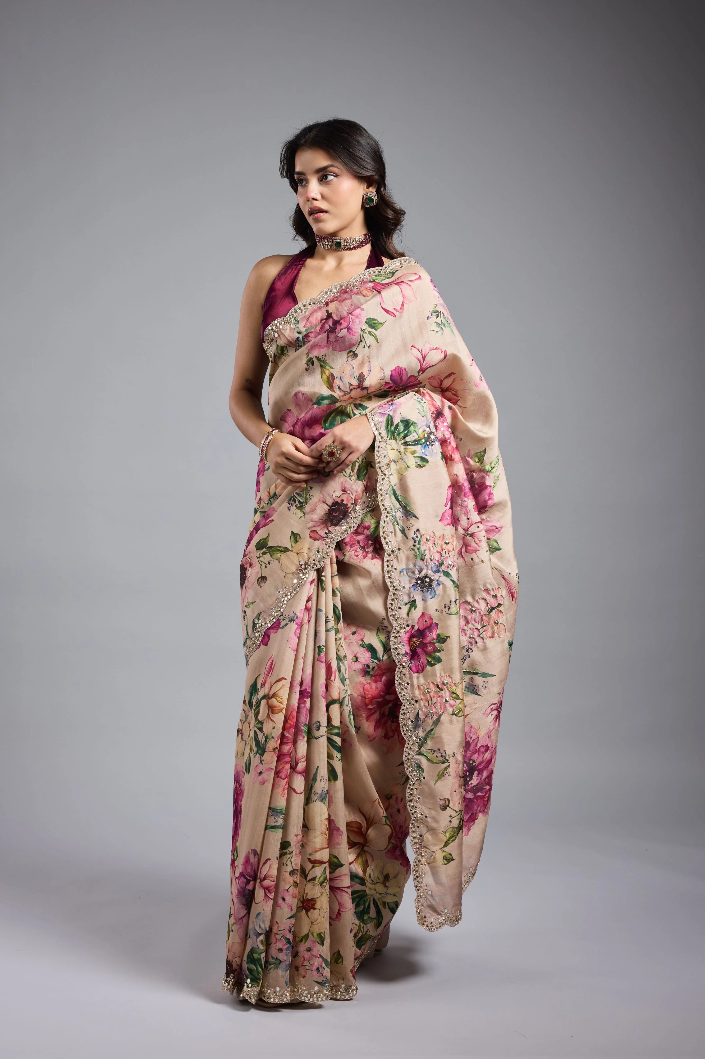 Champagne Gold Floral Printed Saree - Image 5