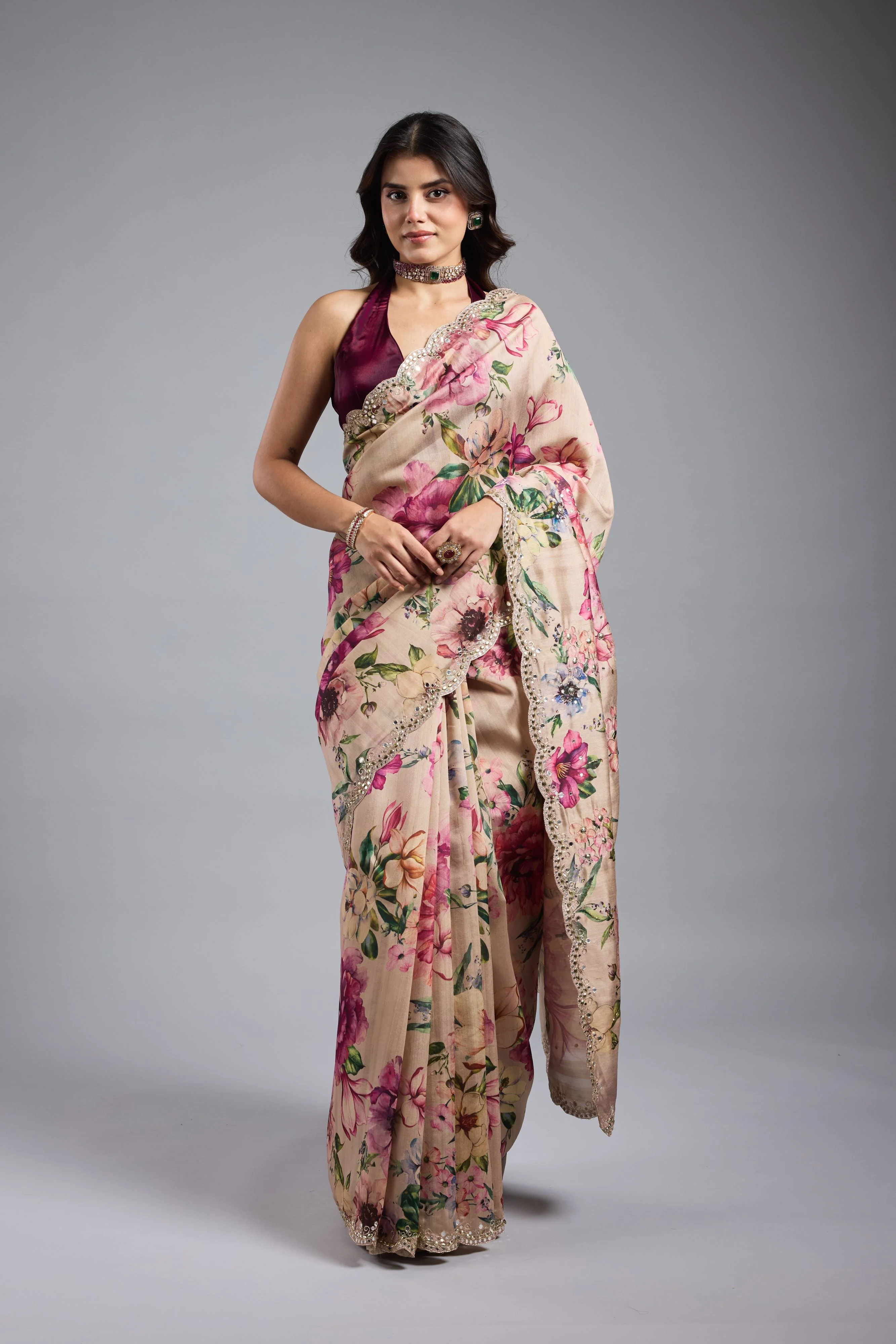 Champagne Gold Floral Printed Saree - Image 6