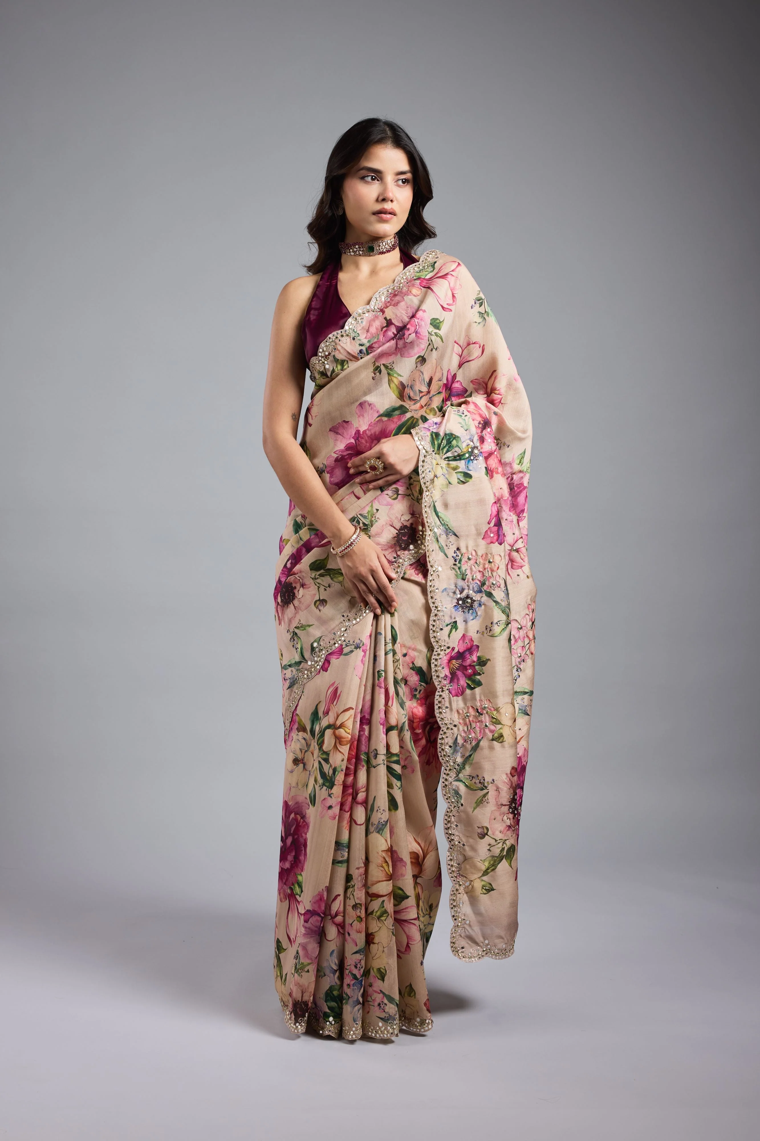 Champagne Gold Floral Printed Saree - Image 7
