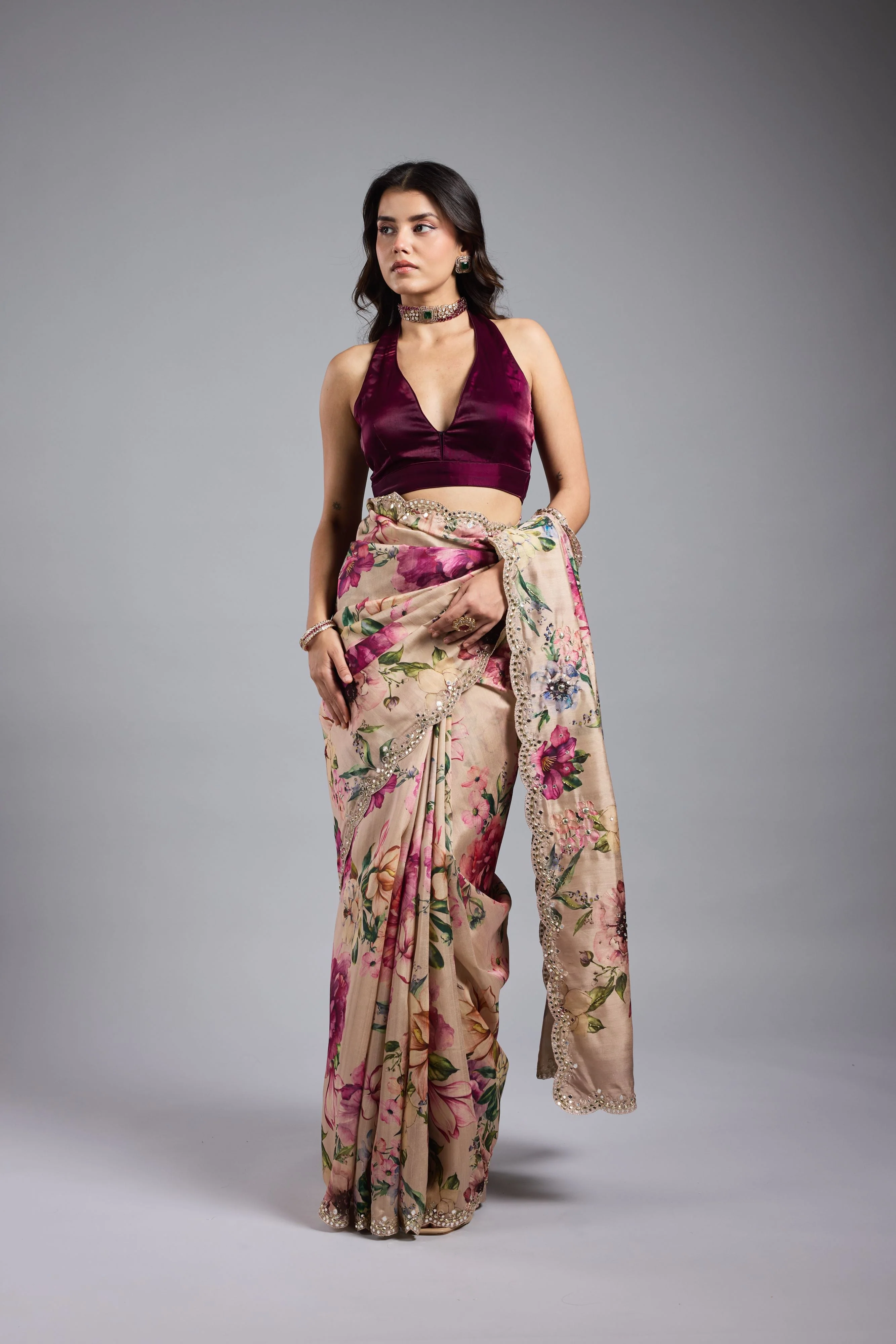 Champagne Gold Floral Printed Saree - Image 8