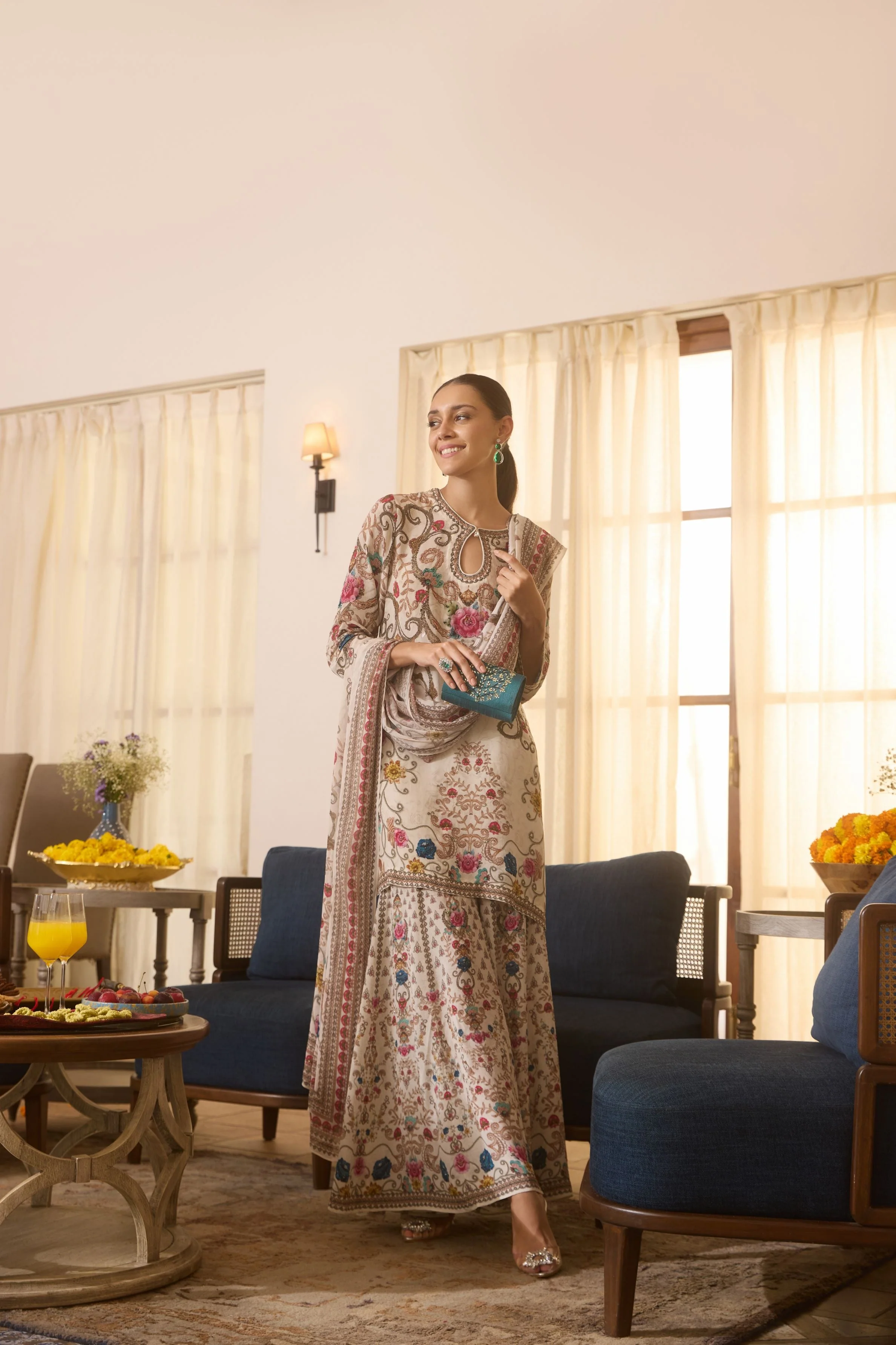 Champagne Gold Printed Crepe Silk Sharara Set - Image 3