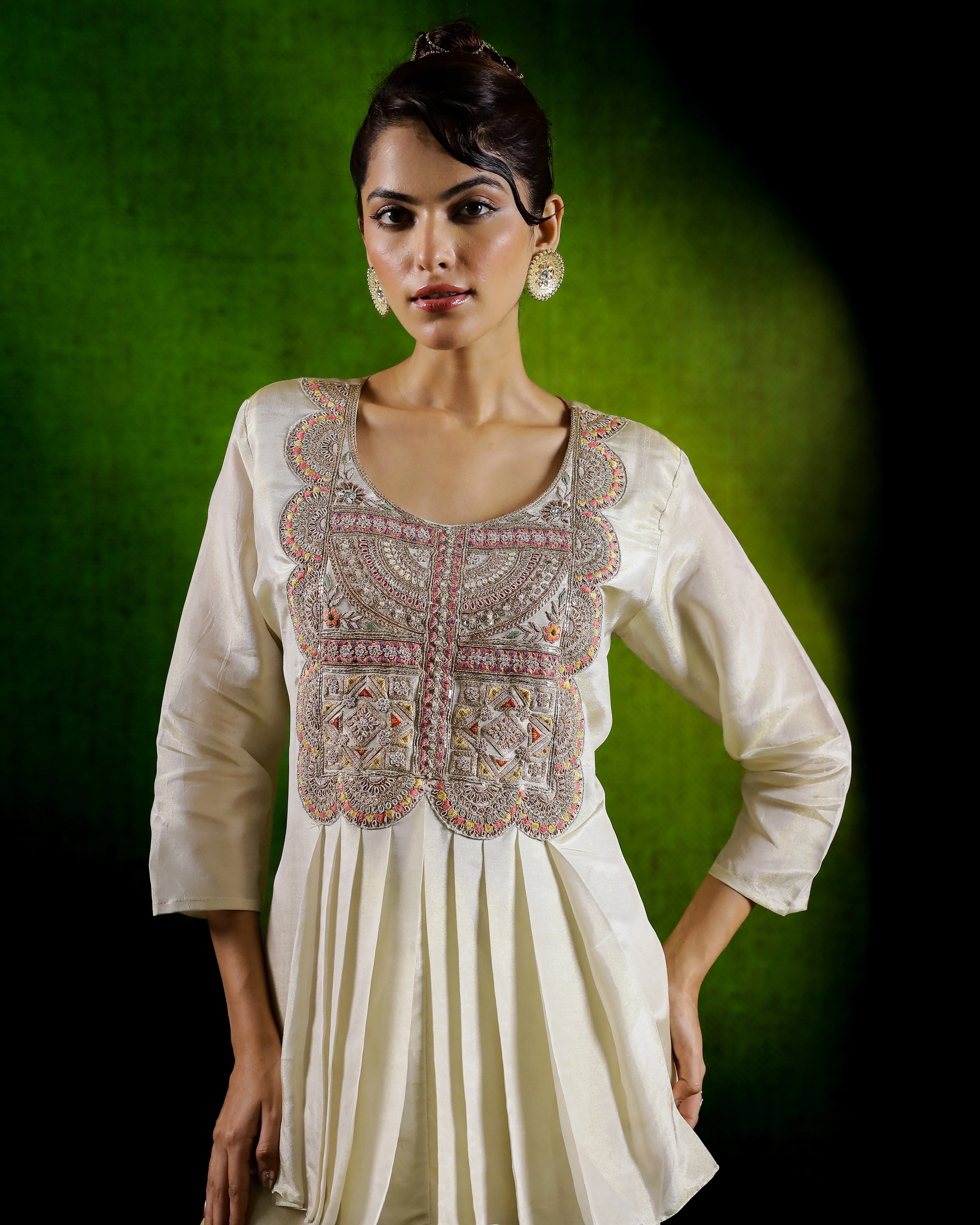 Champagne Embroidered Satin Silk Skirt Set - Image 3