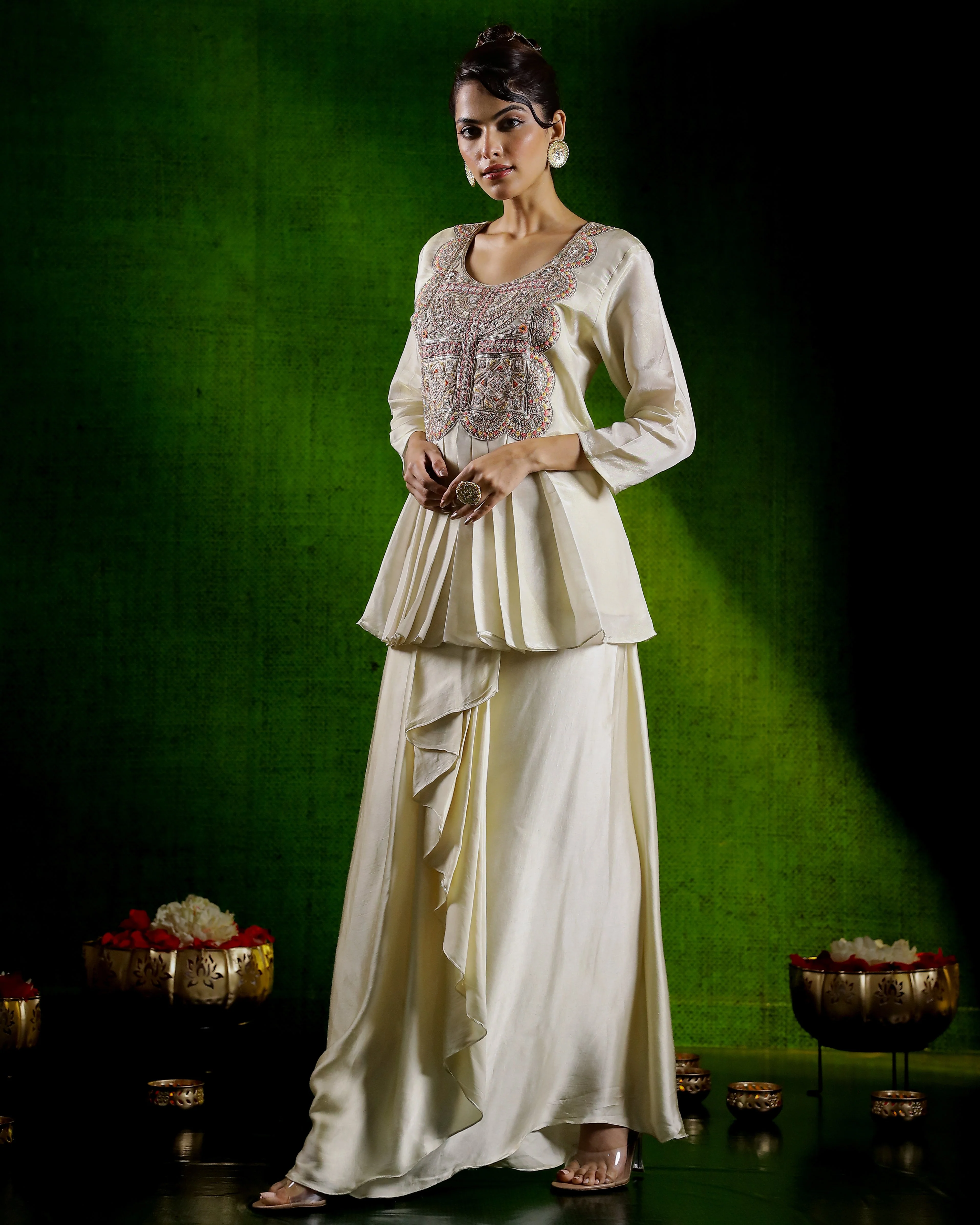 Champagne Embroidered Satin Silk Skirt Set - Image 4