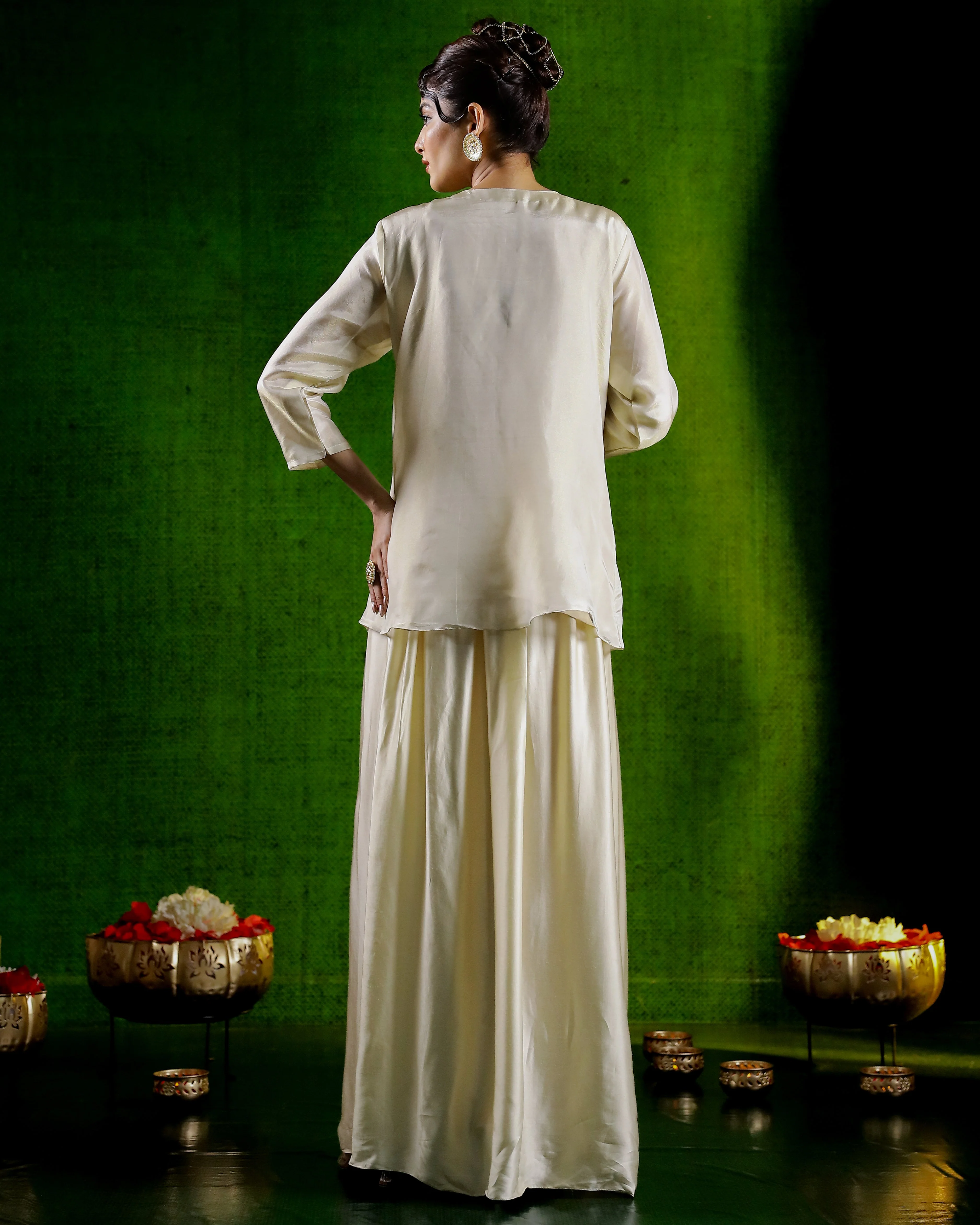 Champagne Embroidered Satin Silk Skirt Set - Image 5