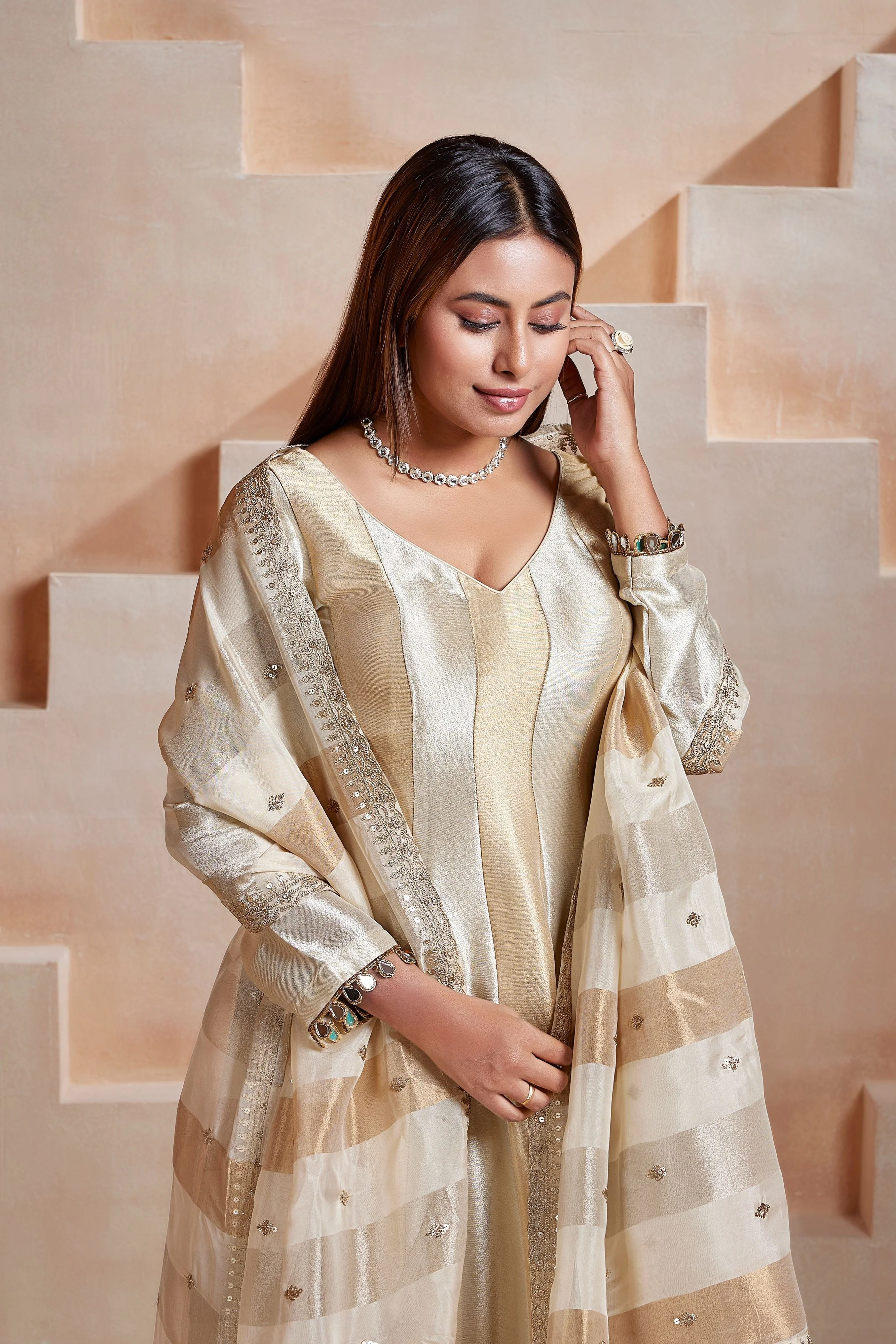 Champagne Metallic Embellished Tissue Silk Anarkali Set - Image 2