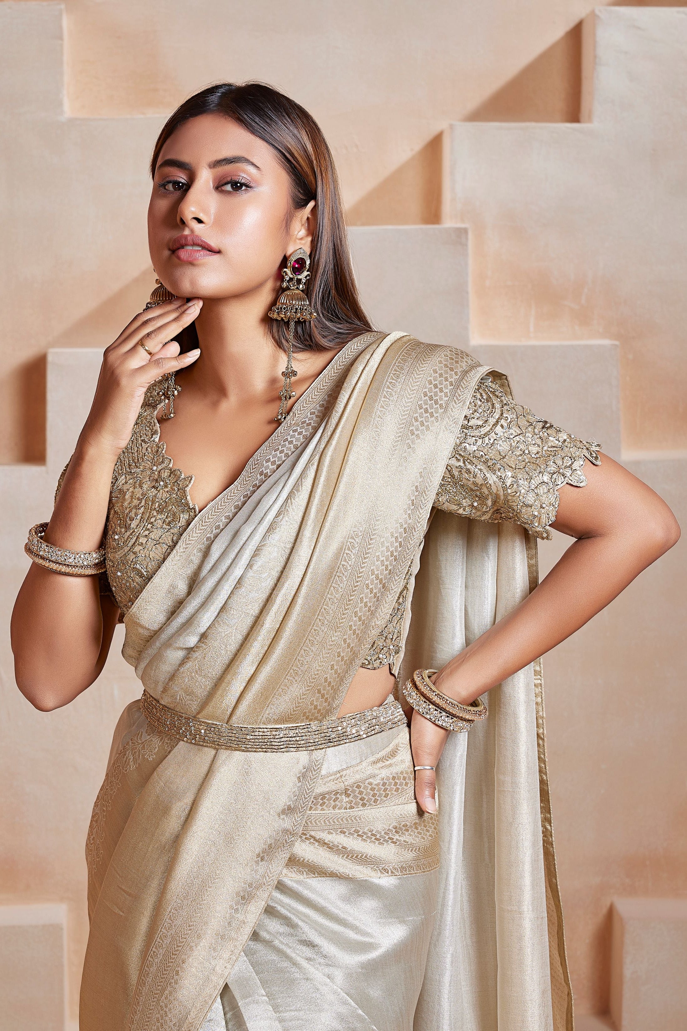 Champagne Ombre Embellished Banarasi Silk Saree - Image 2