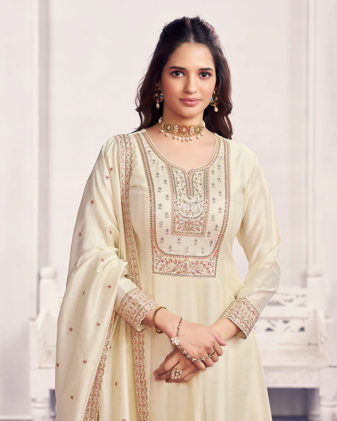 Ivory Gilded Embellished Vichitra Silk Anarkali Set - Image 2