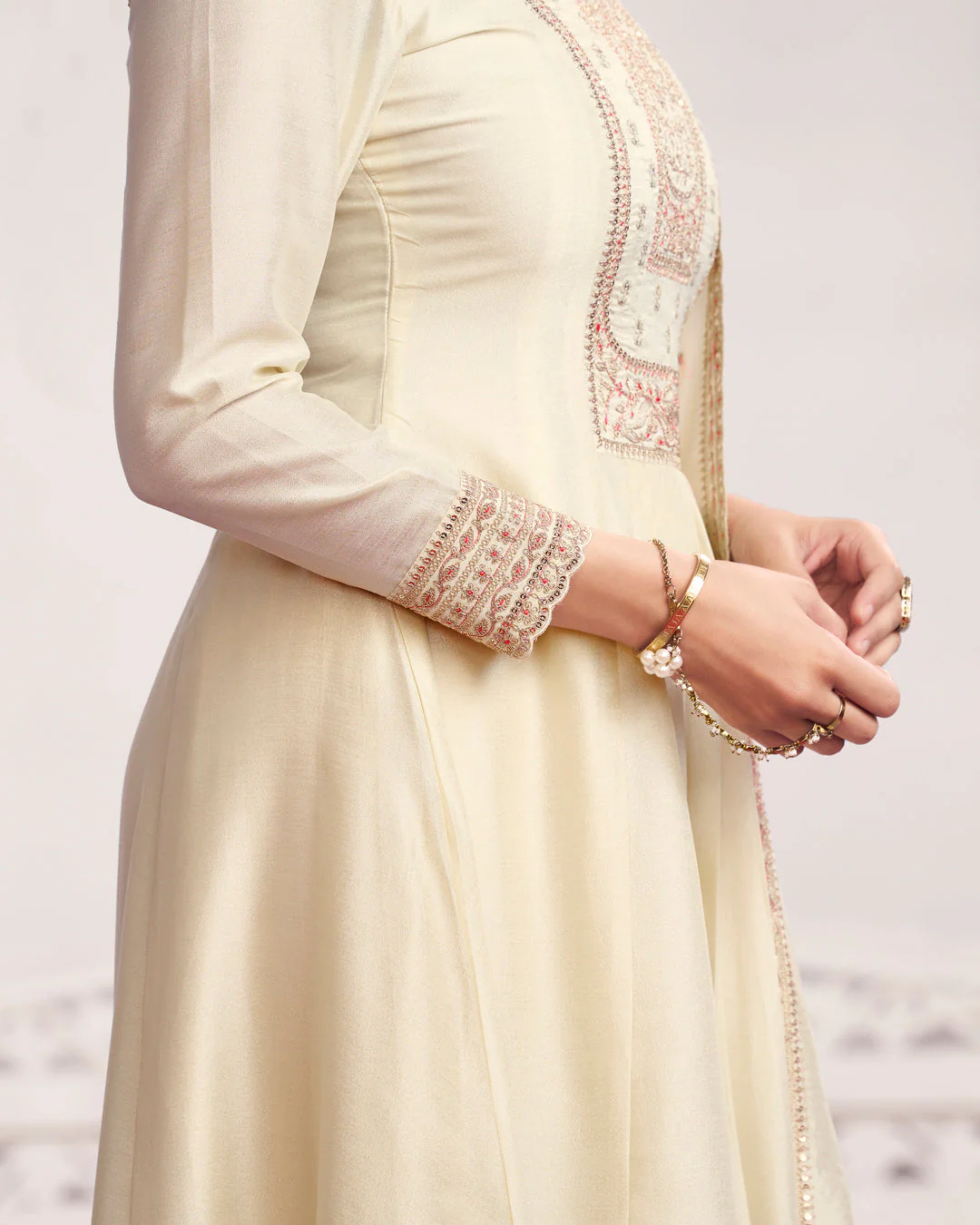 Ivory Gilded Embellished Vichitra Silk Anarkali Set - Image 3