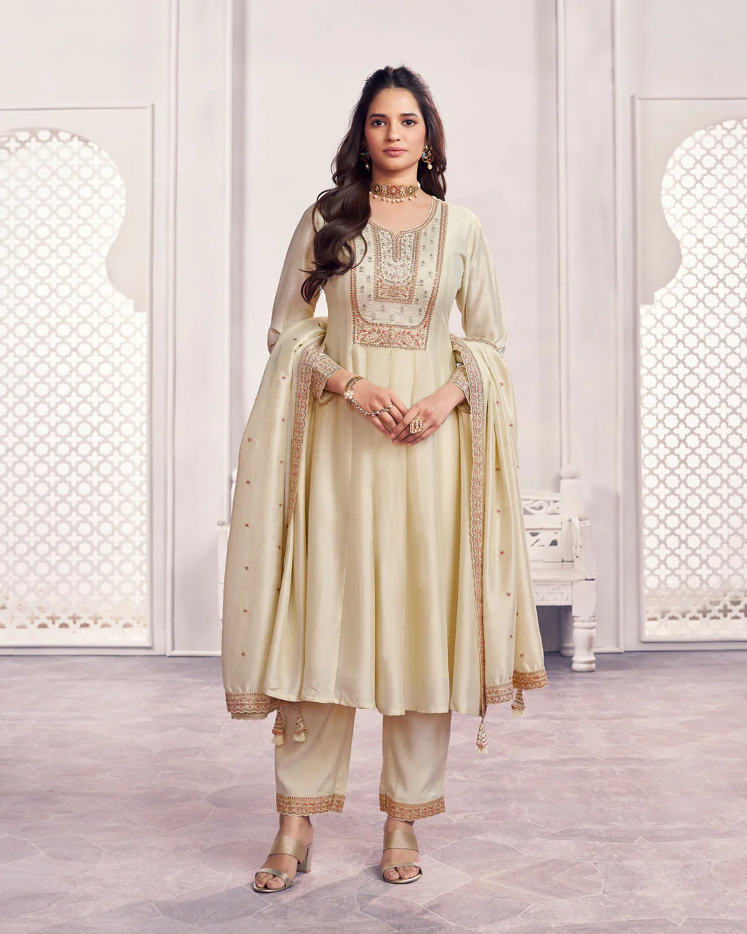 Ivory Gilded Embellished Vichitra Silk Anarkali Set - Image 4