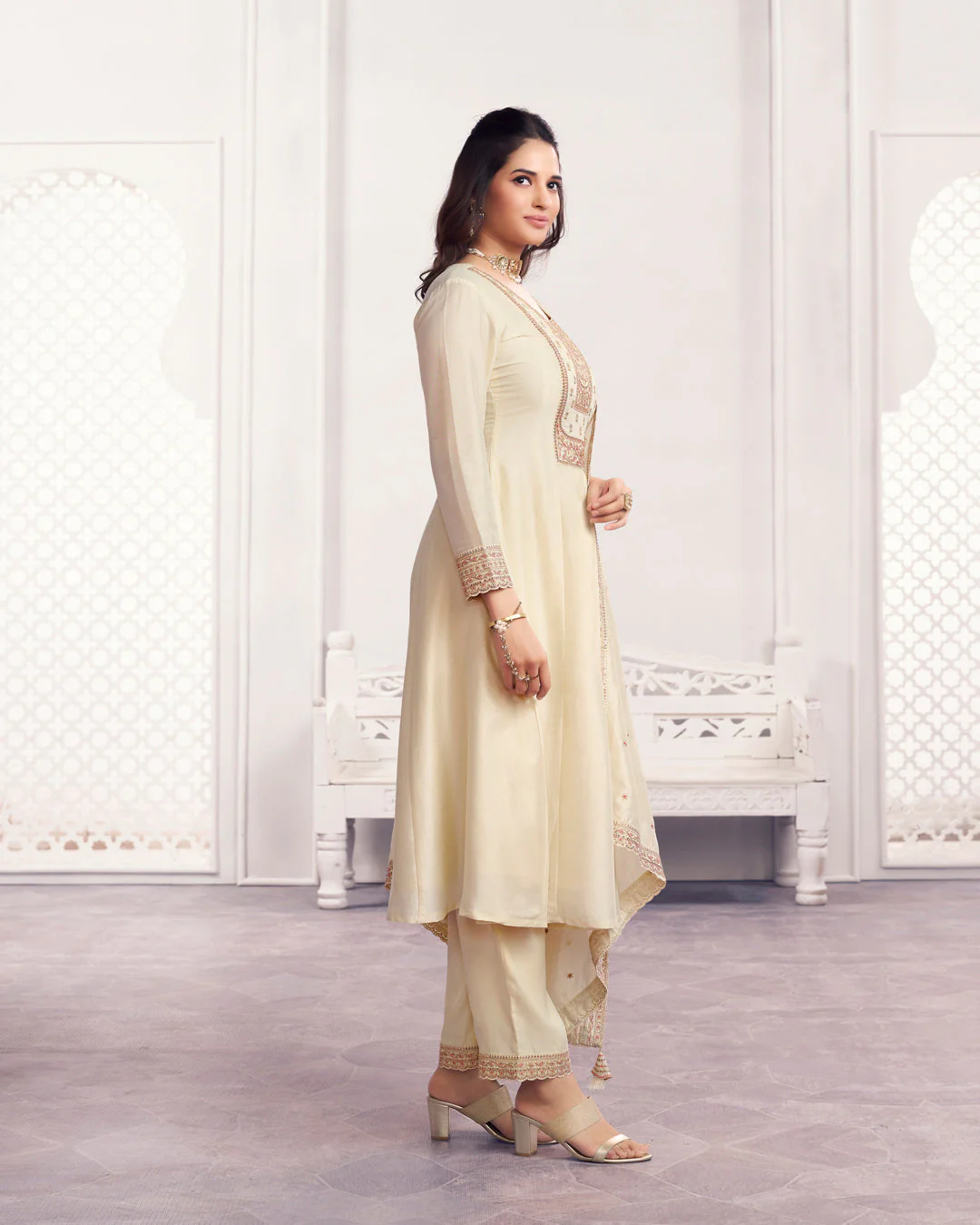 Ivory Gilded Embellished Vichitra Silk Anarkali Set - Image 5