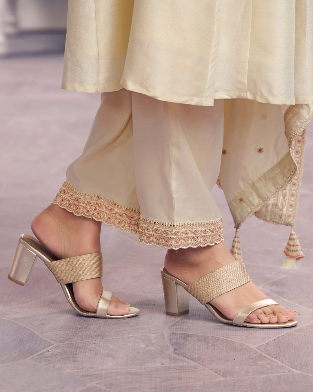 Ivory Gilded Embellished Vichitra Silk Anarkali Set - Image 6