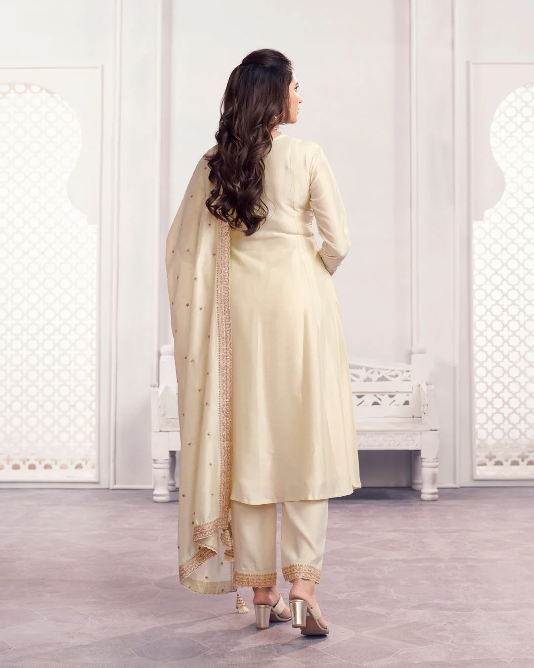 Ivory Gilded Embellished Vichitra Silk Anarkali Set - Image 7