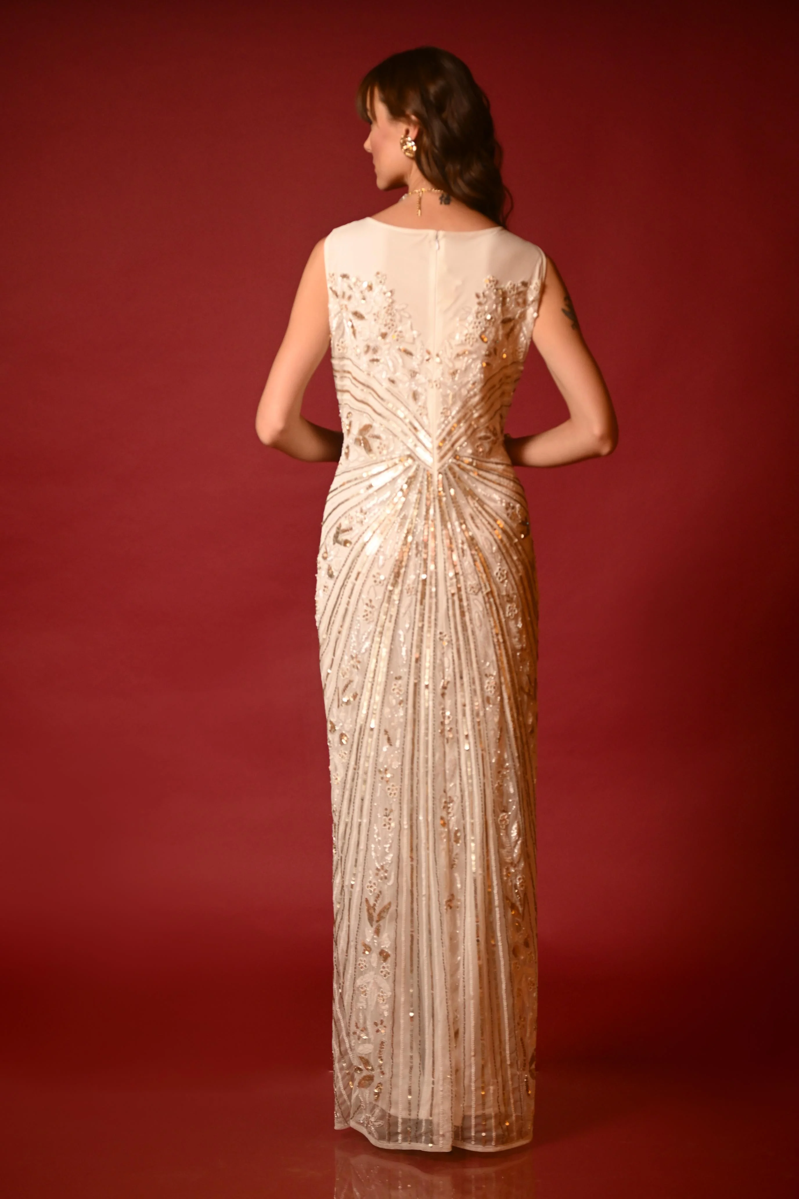 Champagne Sequined Net Gown - Image 2