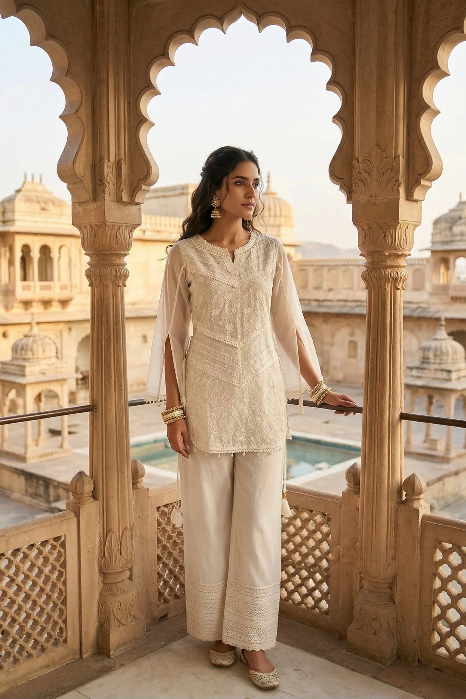 Vanilla White Embroidered Chanderi Silk Co-Ord Set