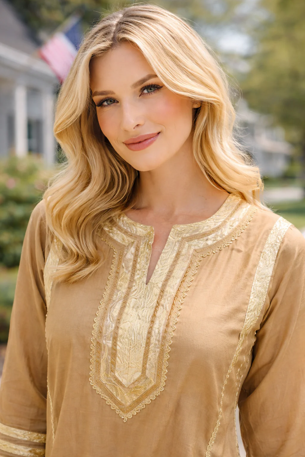 Camel & Ivory Embroidered Cotton Kurta Set - Image 2