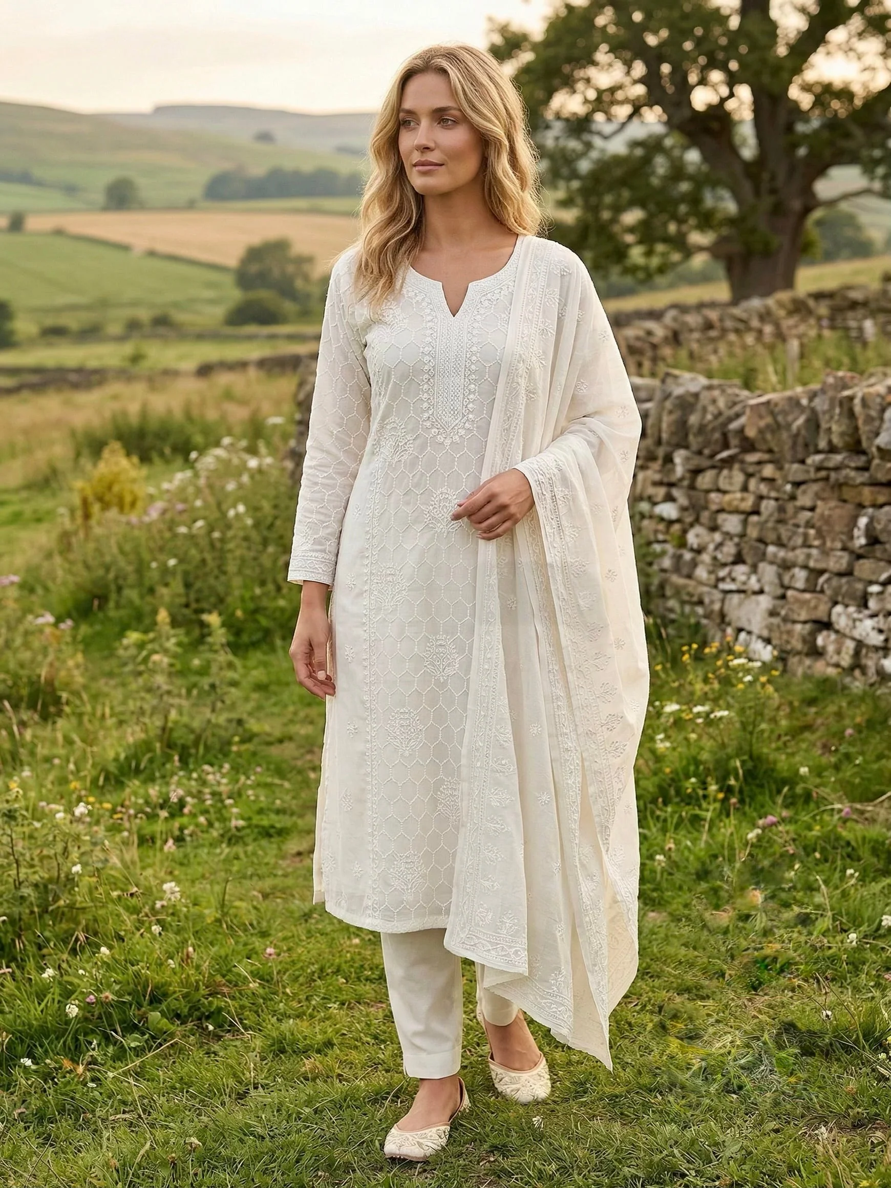 Pristine White Embroidered Mul Chanderi Silk Pant Set
