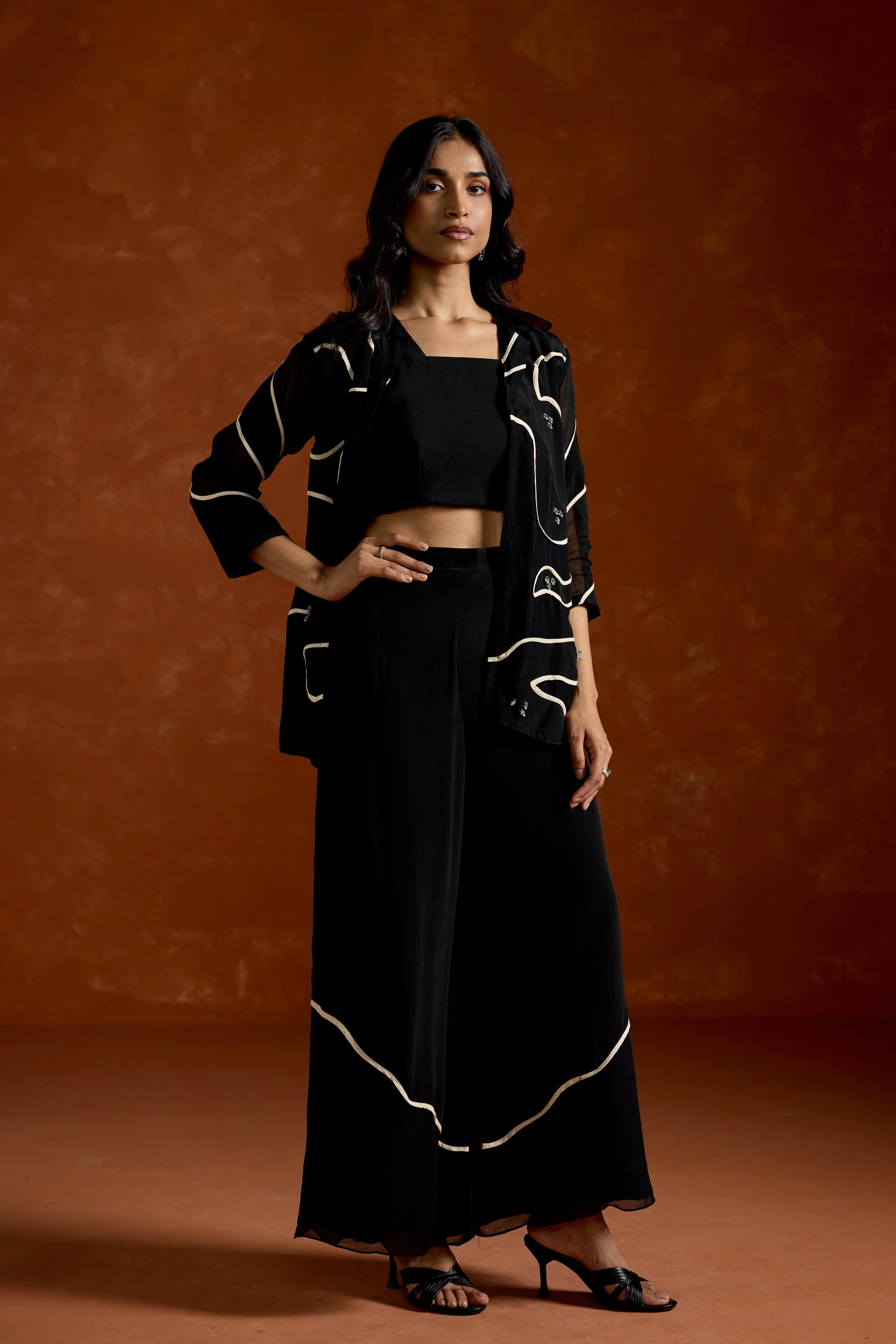 Charcoal Black Embellished Georgette Silk Co-Ord Set - Image 5