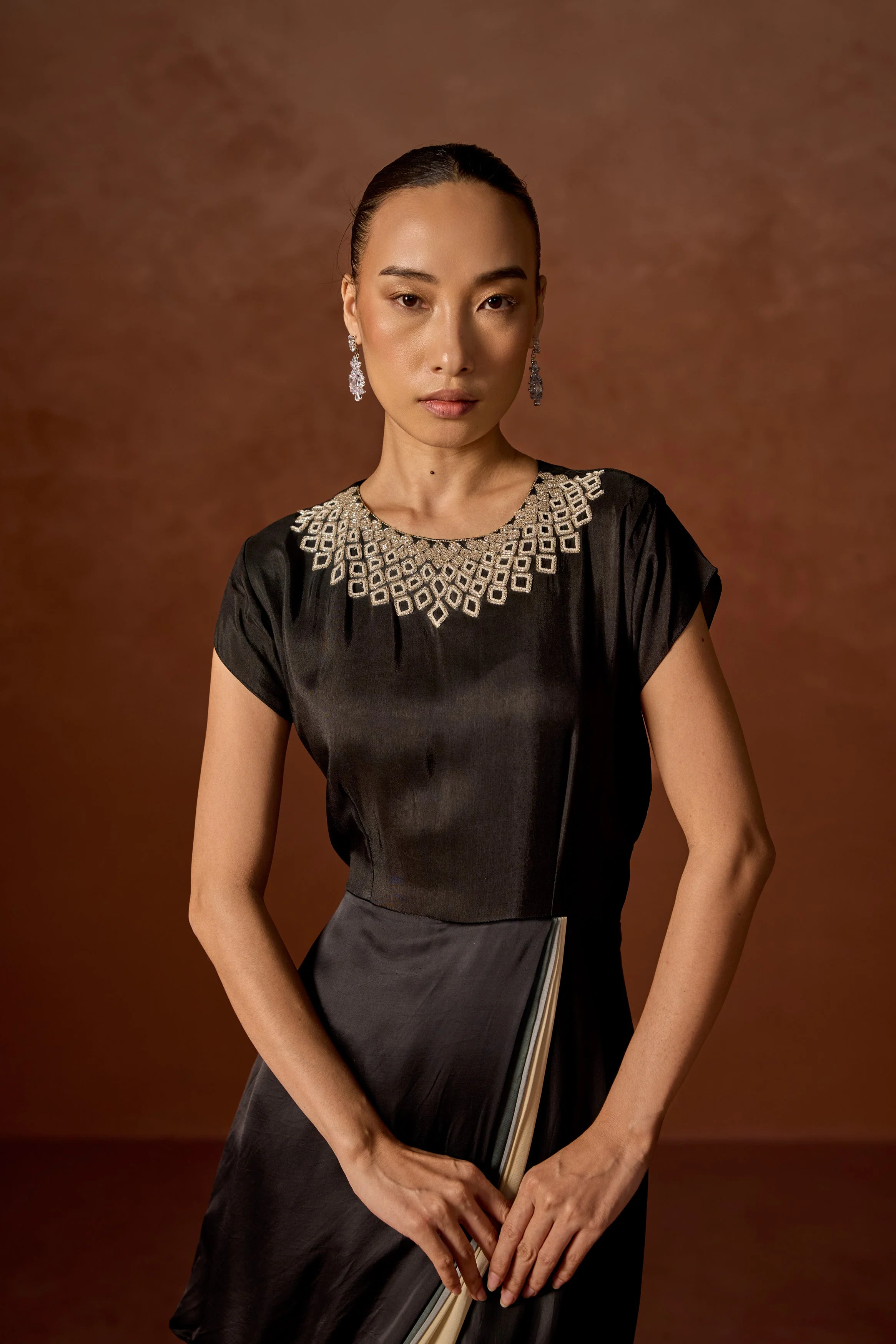 Charcoal Black Embellished Satin Silk Gown - Image 2