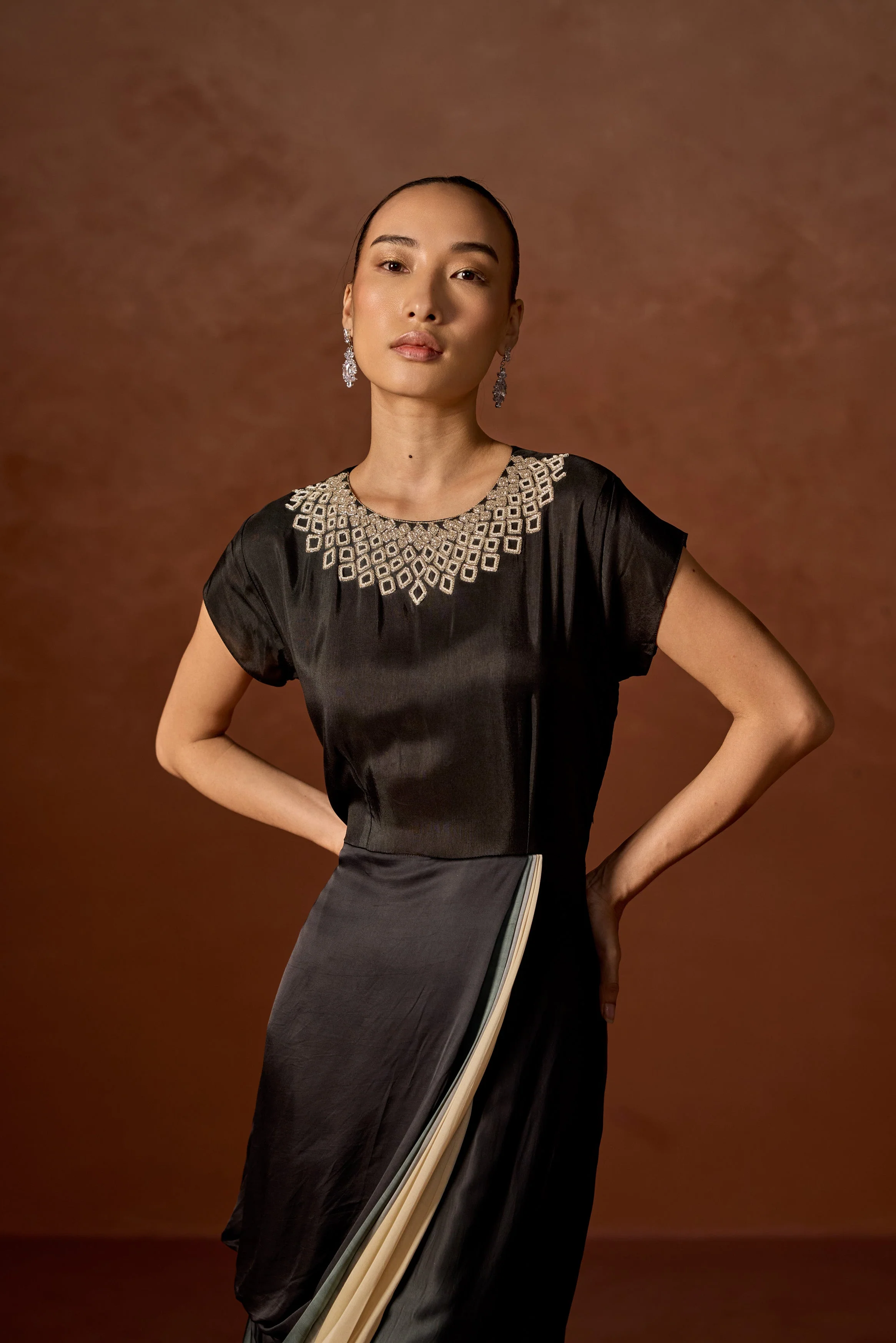 Charcoal Black Embellished Satin Silk Gown - Image 3