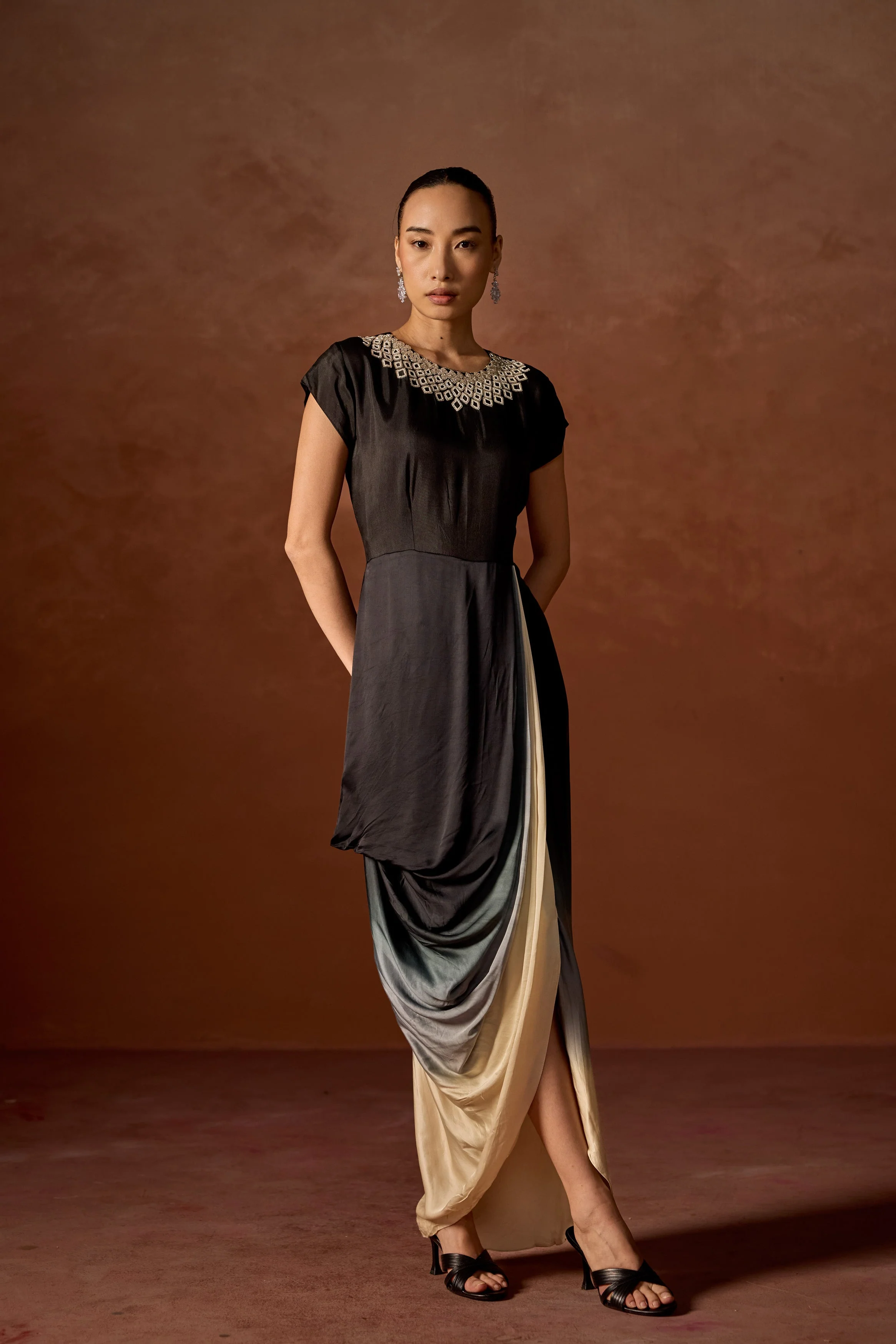 Charcoal Black Embellished Satin Silk Gown - Image 4