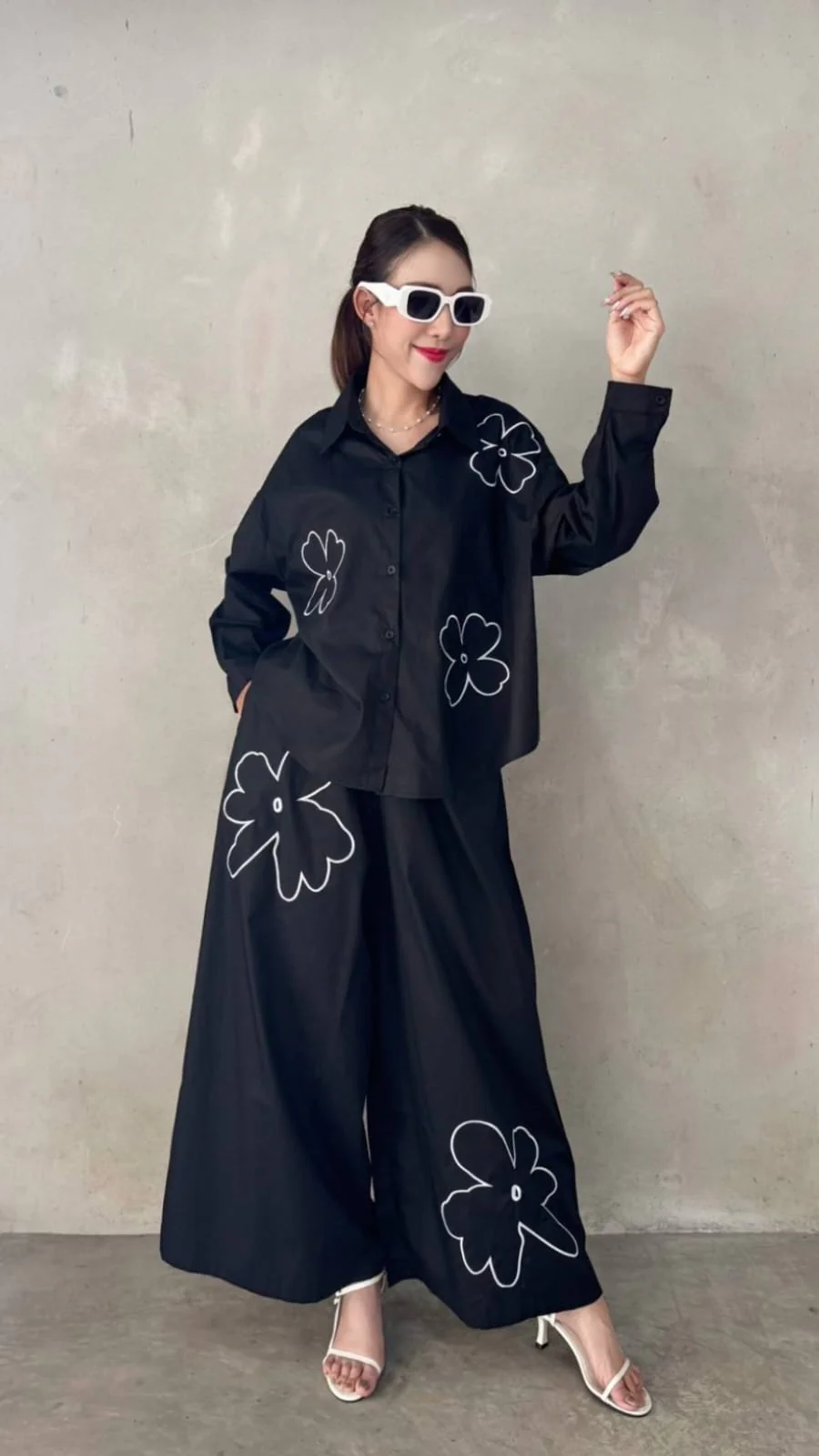 Charcoal Black Floral Embroidered Co-Ord Set - Image 2