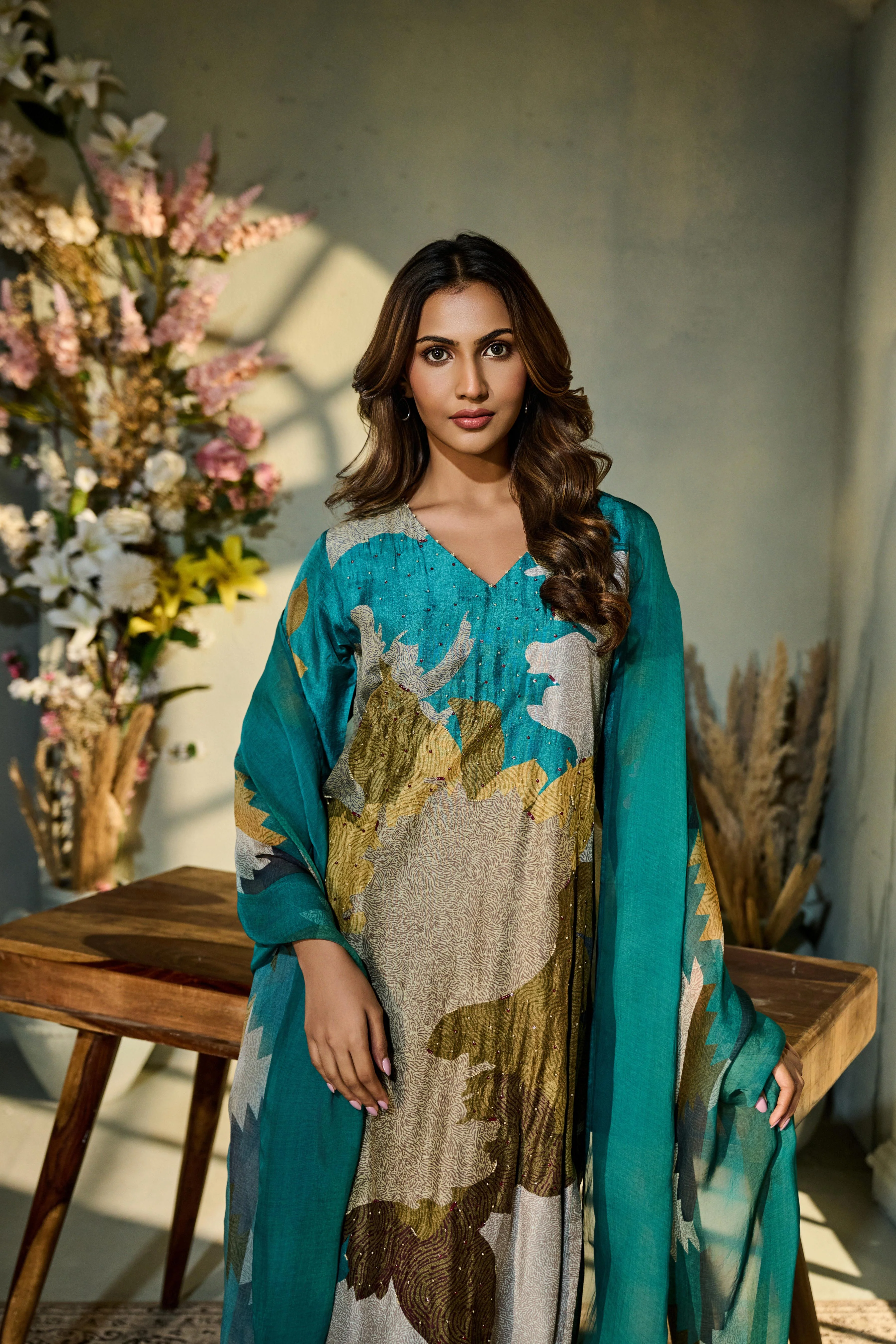 Teal Green Printed Muslin Silk Pant Set - Image 2