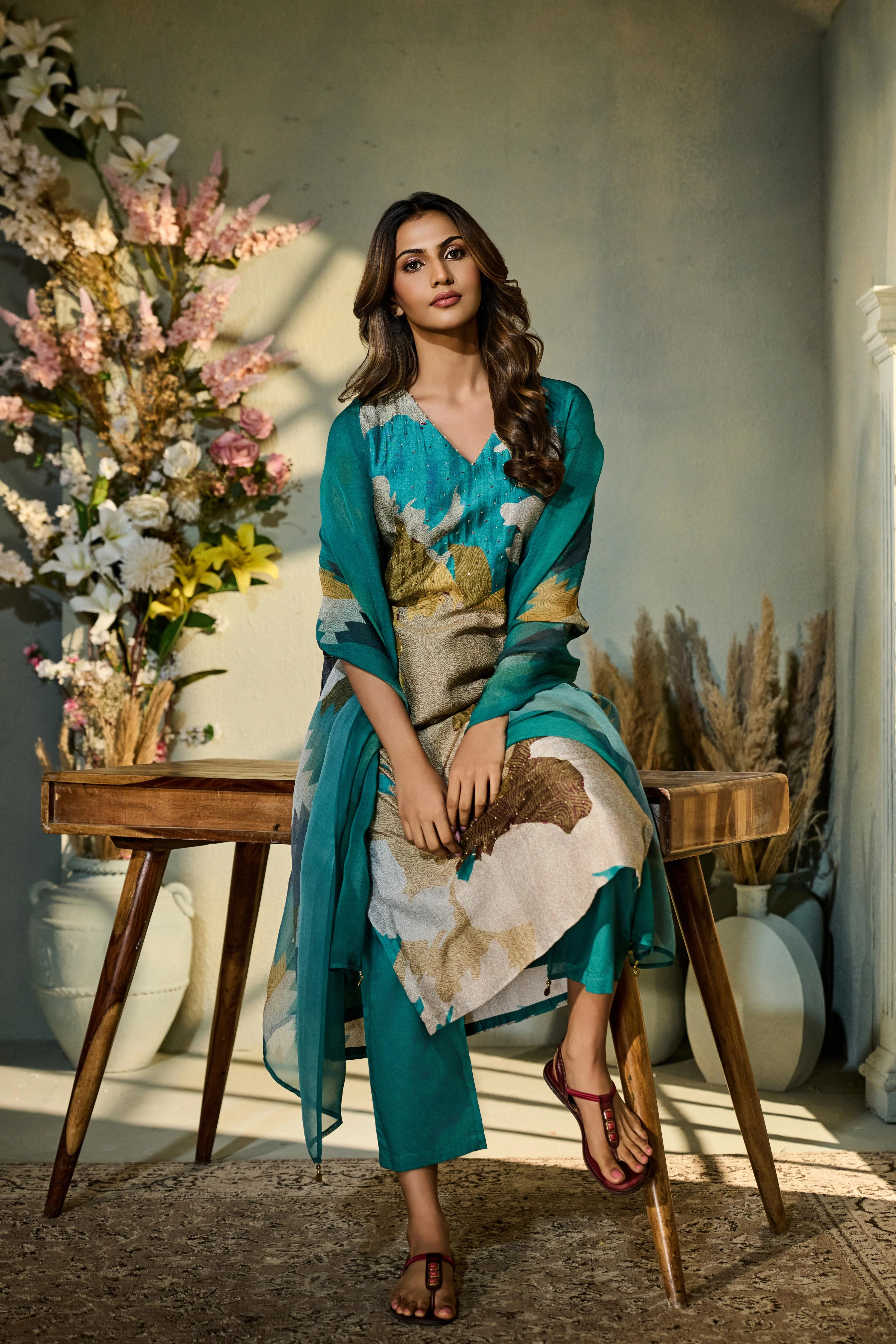 Teal Green Printed Muslin Silk Pant Set - Image 3