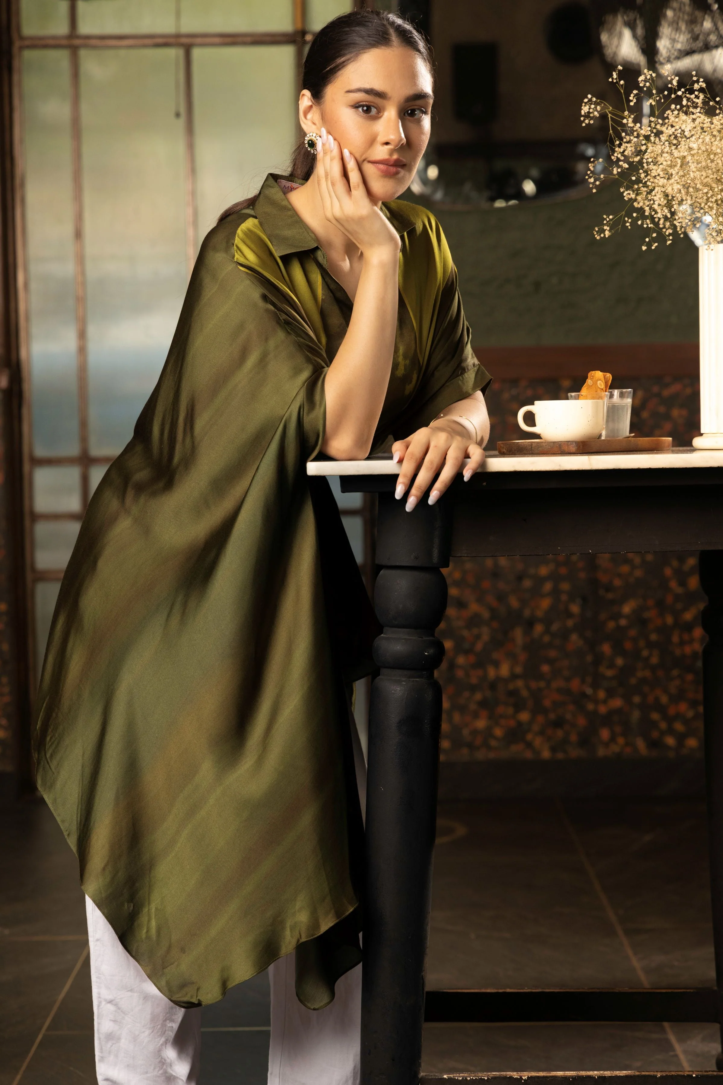Olive Green Ombre Satin Silk Tunic Top - Image 2