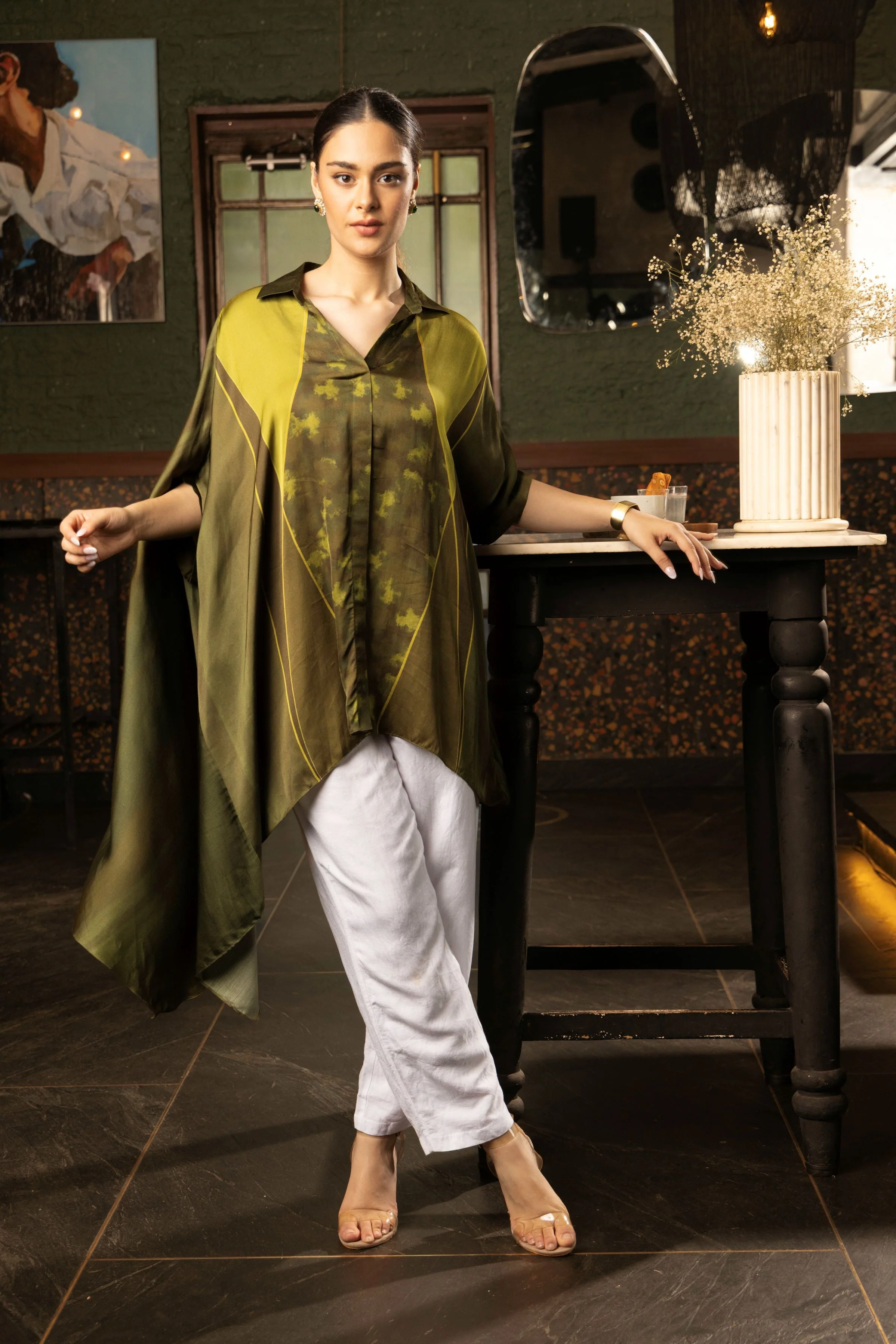 Olive Green Ombre Satin Silk Tunic Top - Image 3