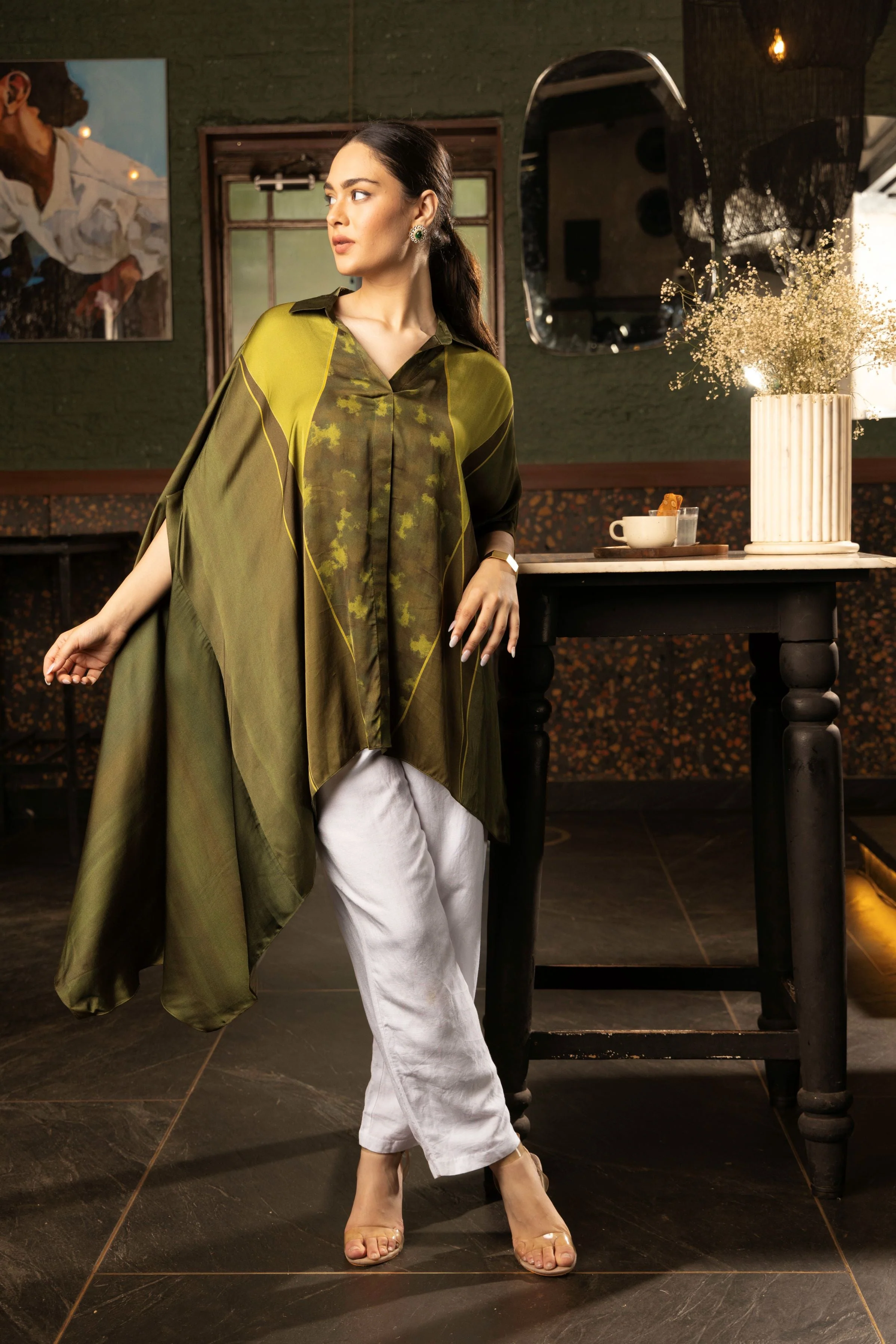Olive Green Ombre Satin Silk Tunic Top - Image 4
