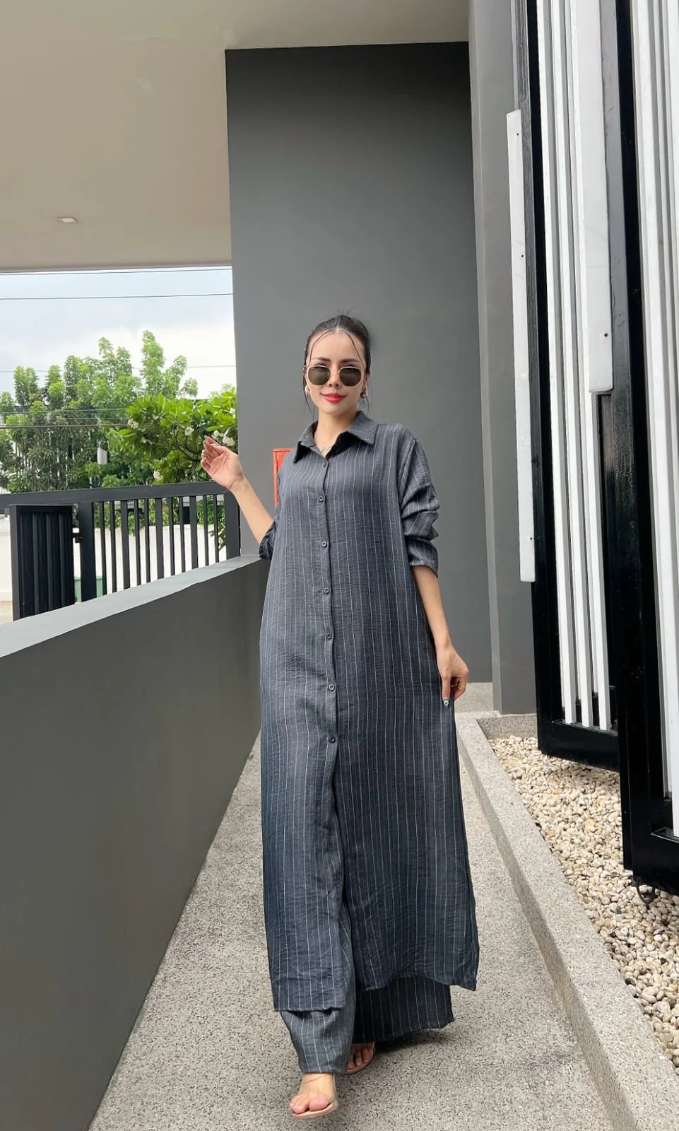 Charcoal Grey Printed Cotton Longline Co-ord Set - Image 2