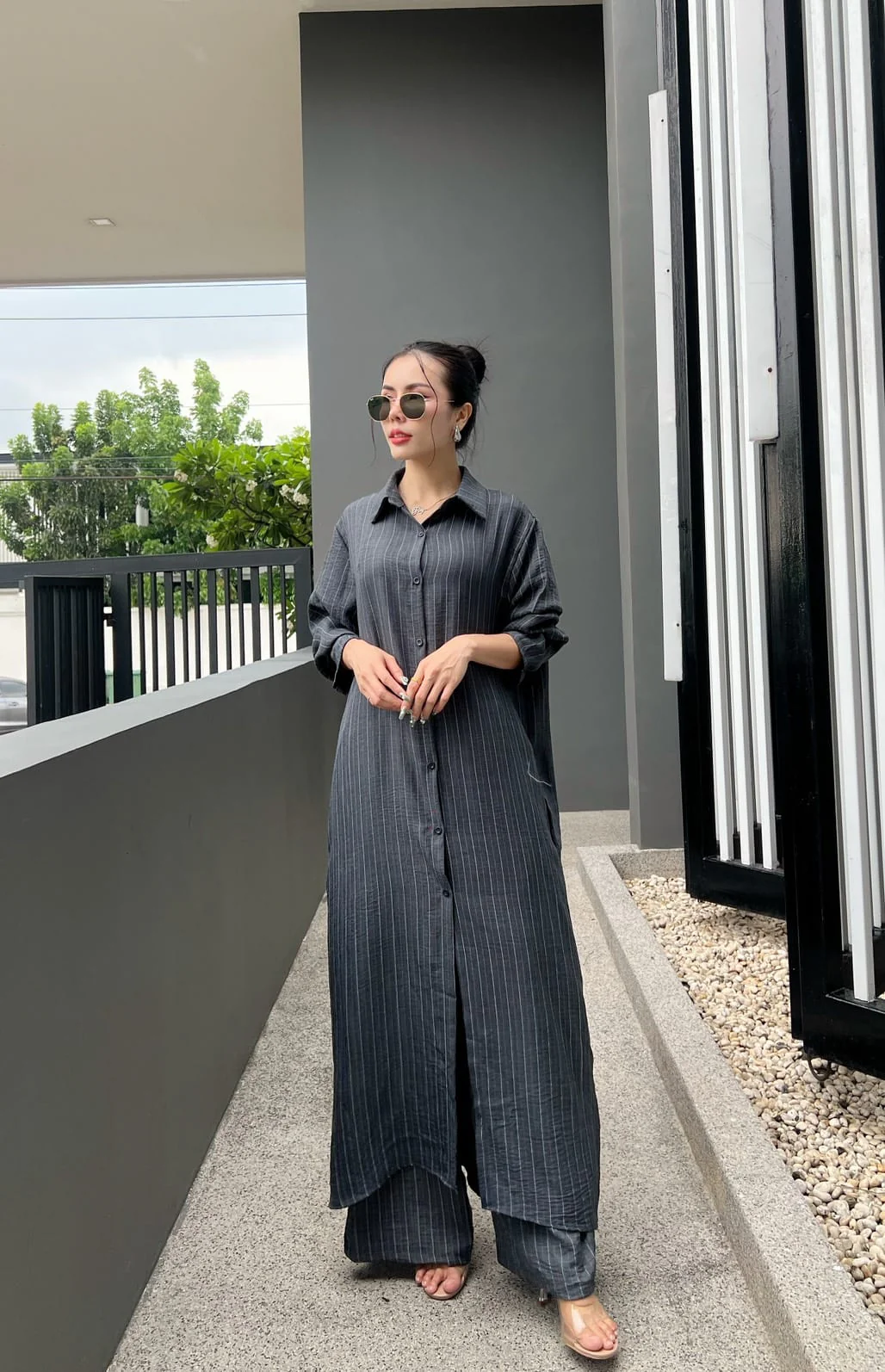 Charcoal Grey Printed Cotton Longline Co-ord Set - Image 3