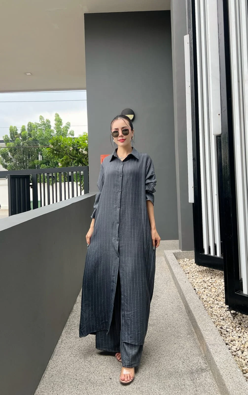 Charcoal Grey Printed Cotton Longline Co-ord Set - Image 4