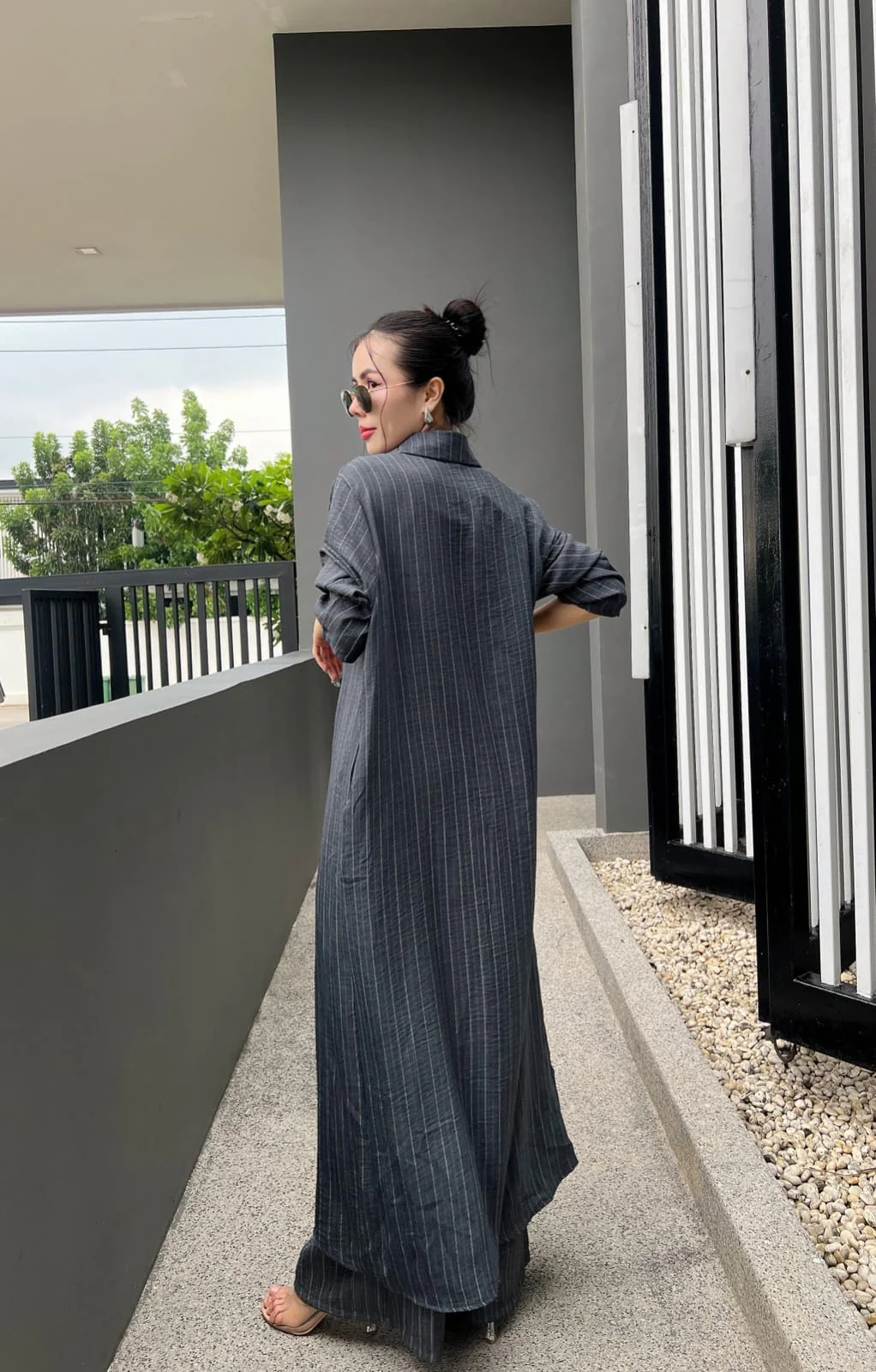 Charcoal Grey Printed Cotton Longline Co-ord Set - Image 5