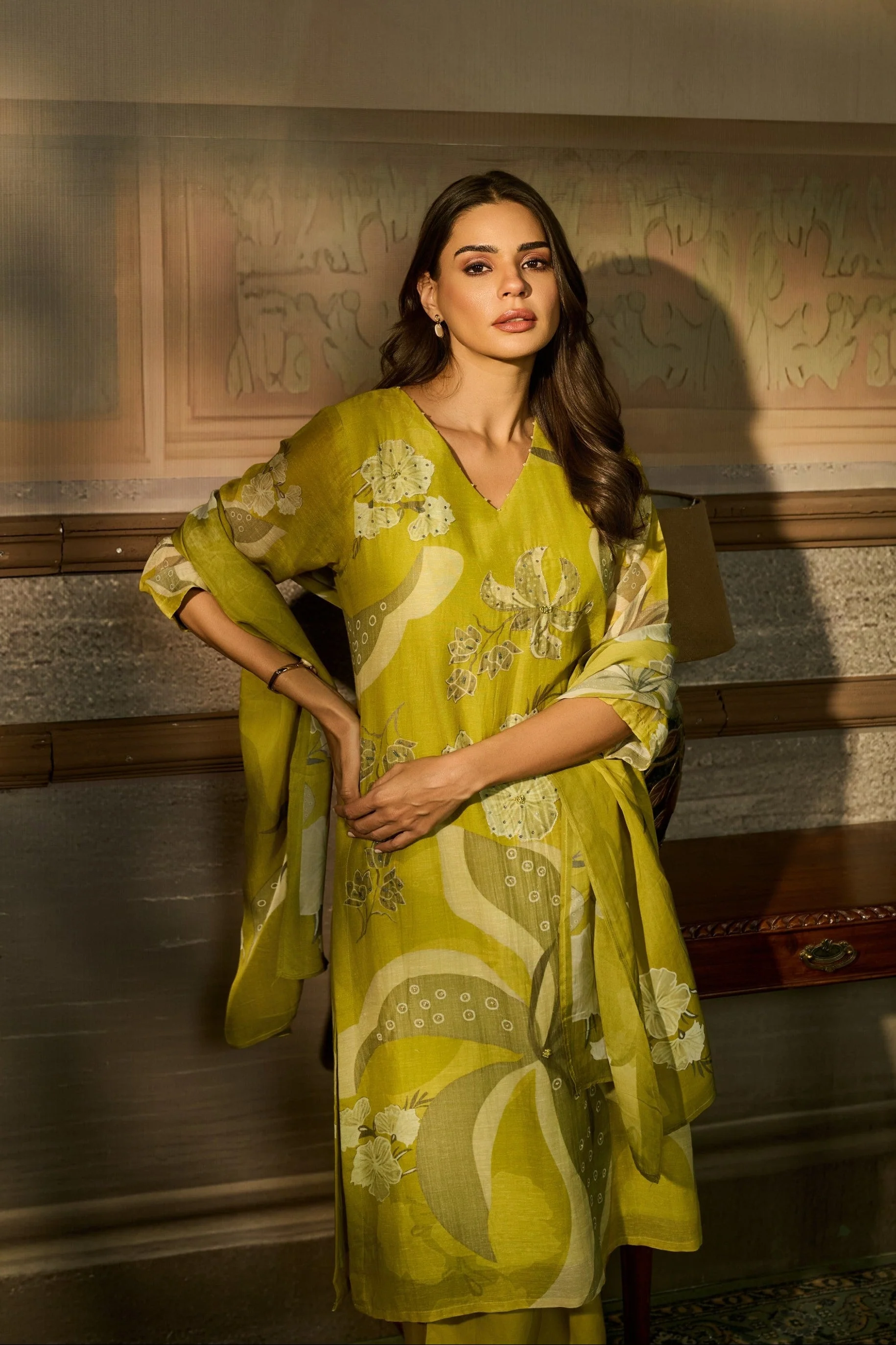 Chartreuse Green Embellished Linen Pant Set - Image 2