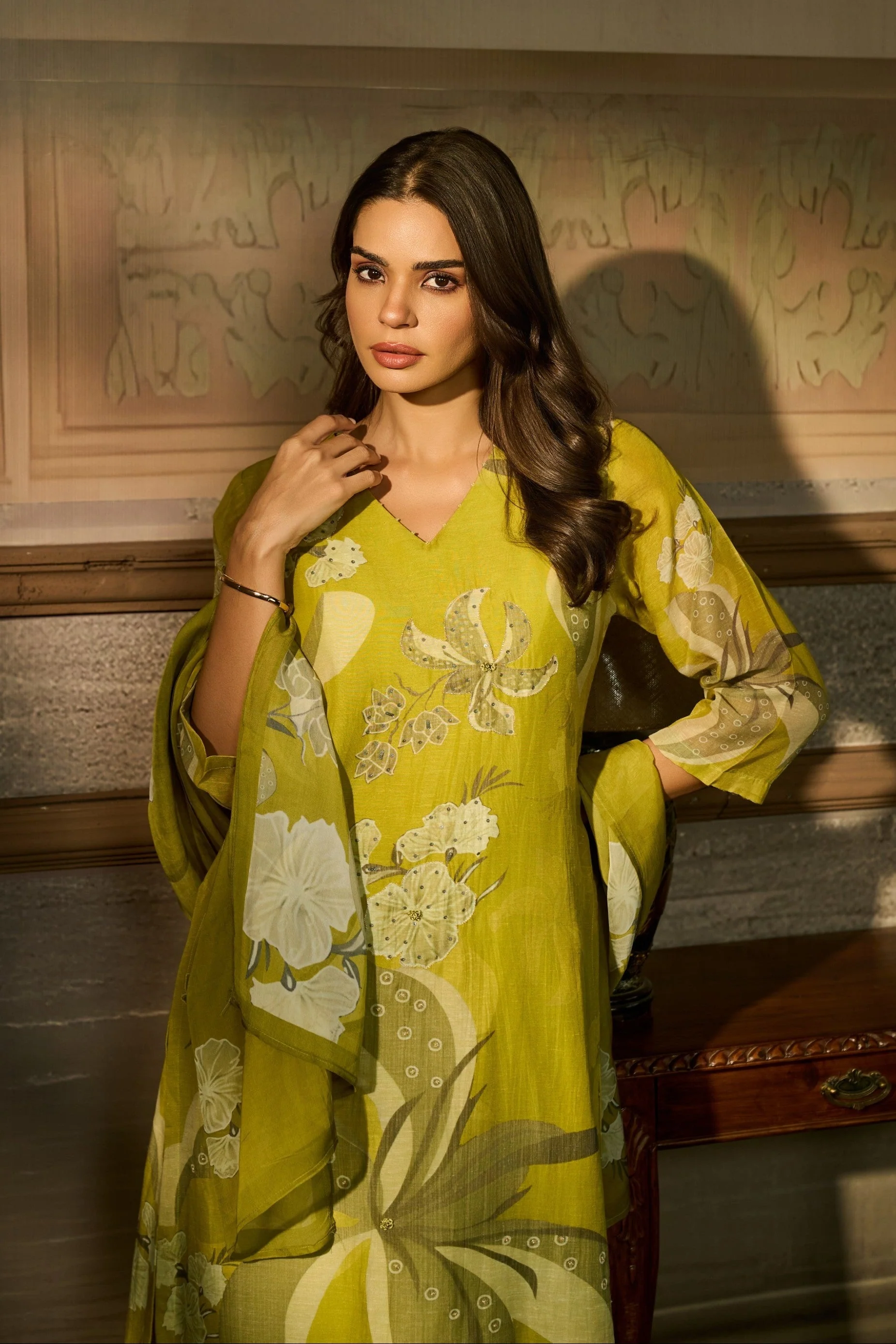 Chartreuse Green Embellished Linen Pant Set - Image 3