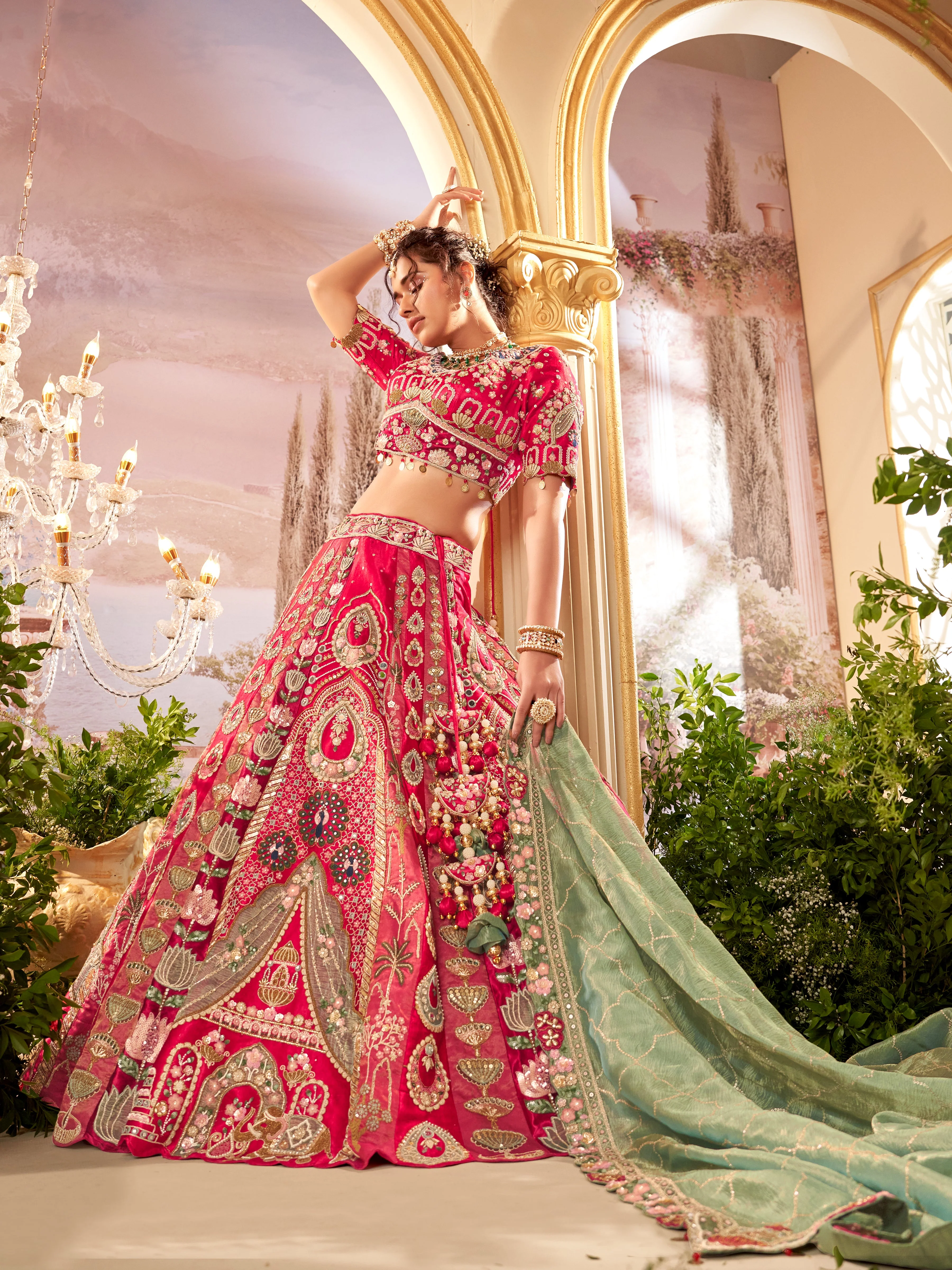 Cheery Red Embellished Satin Silk Lehenga - Image 3
