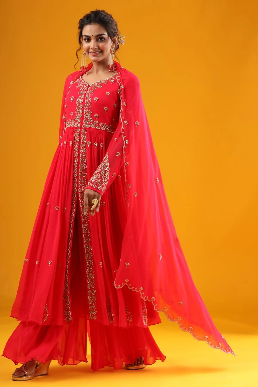Cherry Pink Hand Embroidered Kurta & Palazzo With Dupatta - Image 3