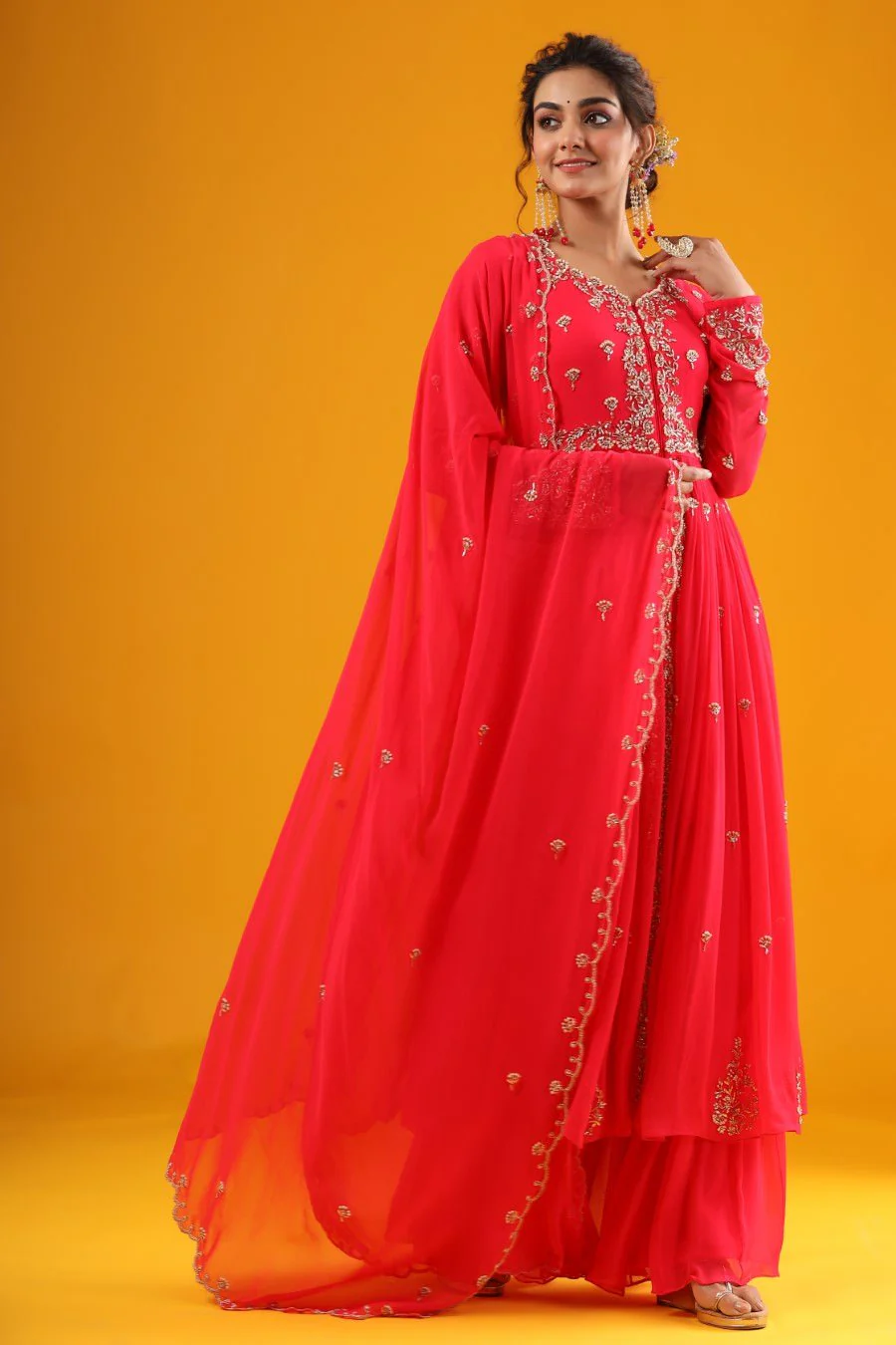Cherry Pink Hand Embroidered Kurta & Palazzo With Dupatta - Image 4