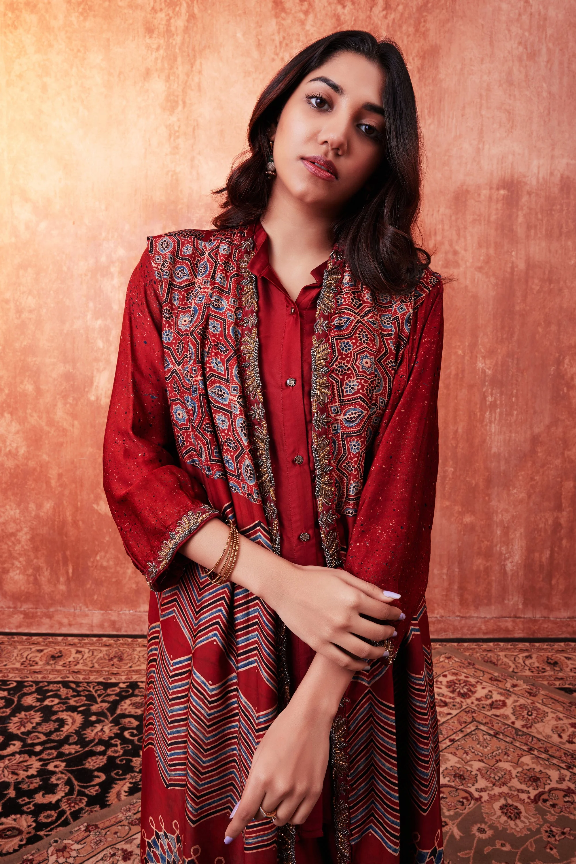 Ruby Red Ajrakh Printed Premium Silk Cape Co-Ord Set - Image 2