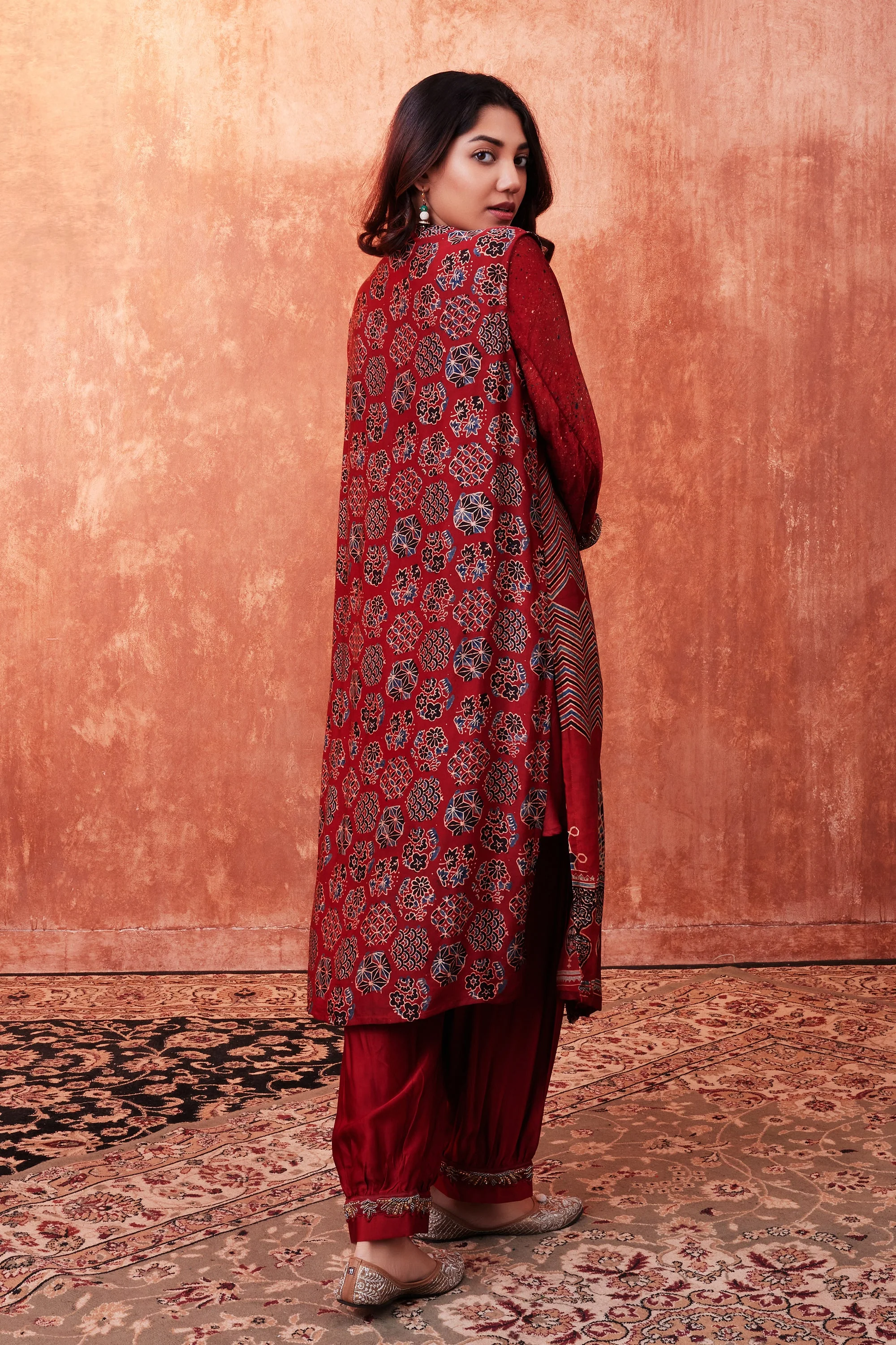 Ruby Red Ajrakh Printed Premium Silk Cape Co-Ord Set - Image 3