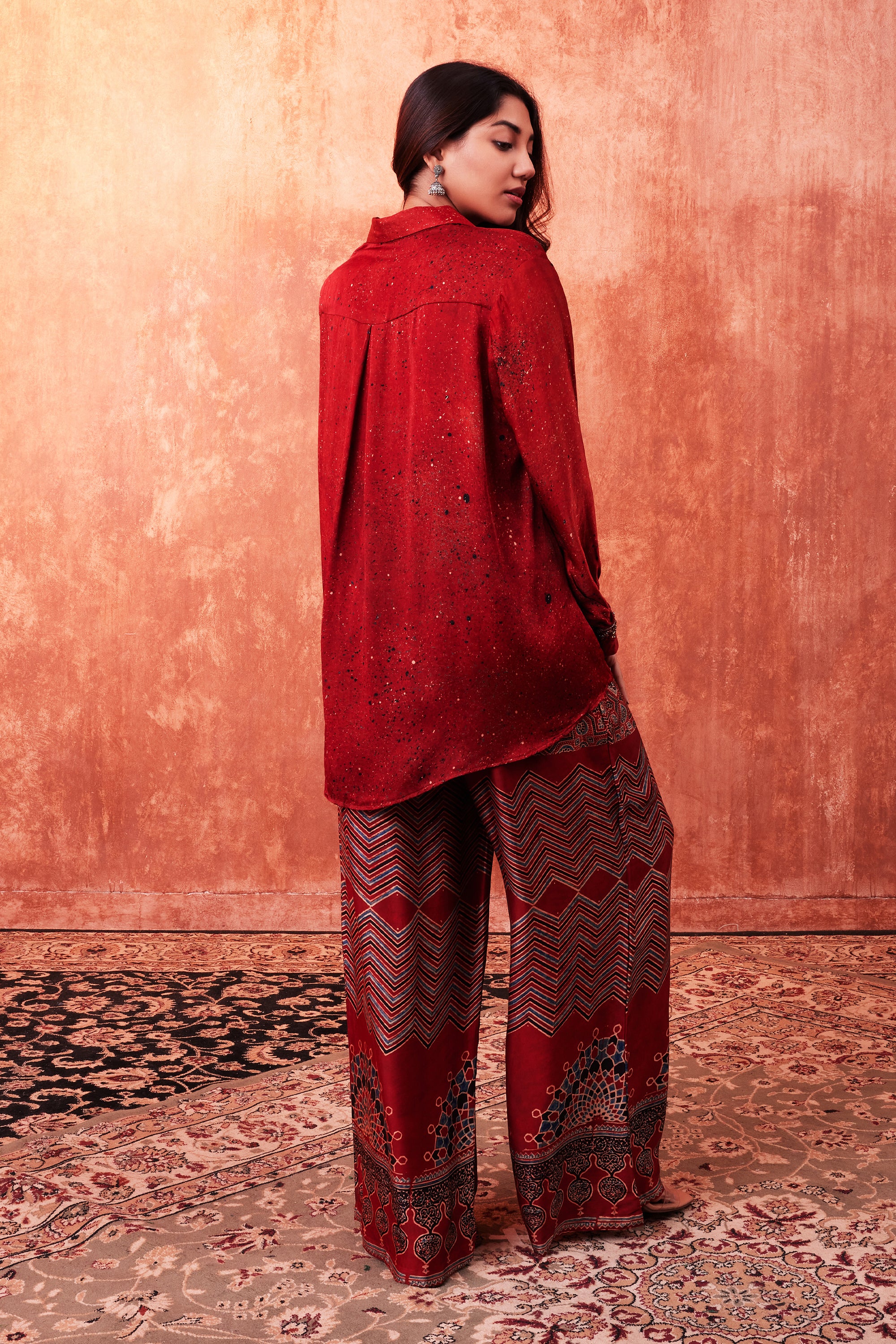 Cherry Red Ajrakh Printed Habutai Silk Co-Ord Set - Image 3