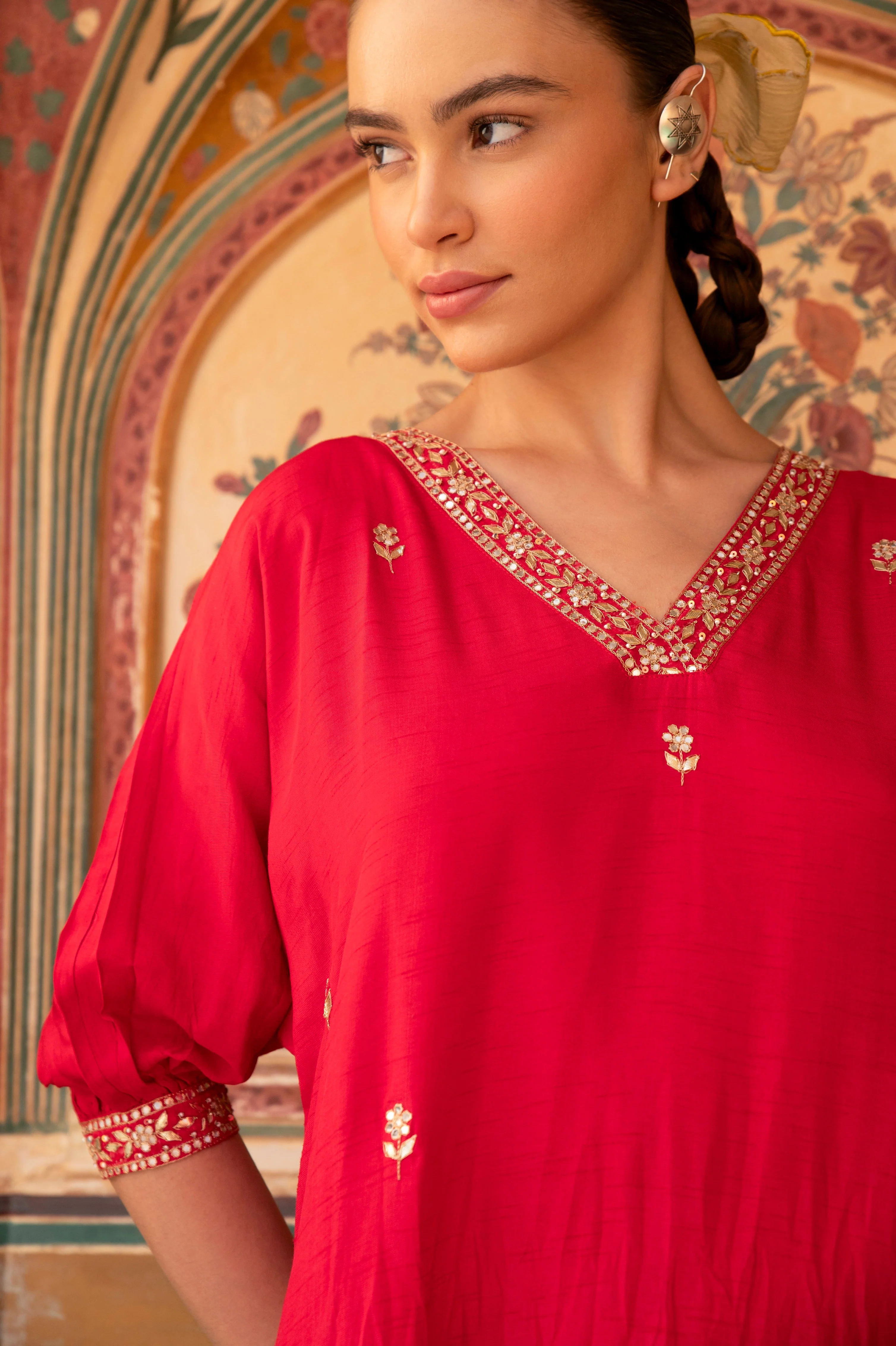 Cherry Red Embellished Dola Silk Kurta Set - Image 2