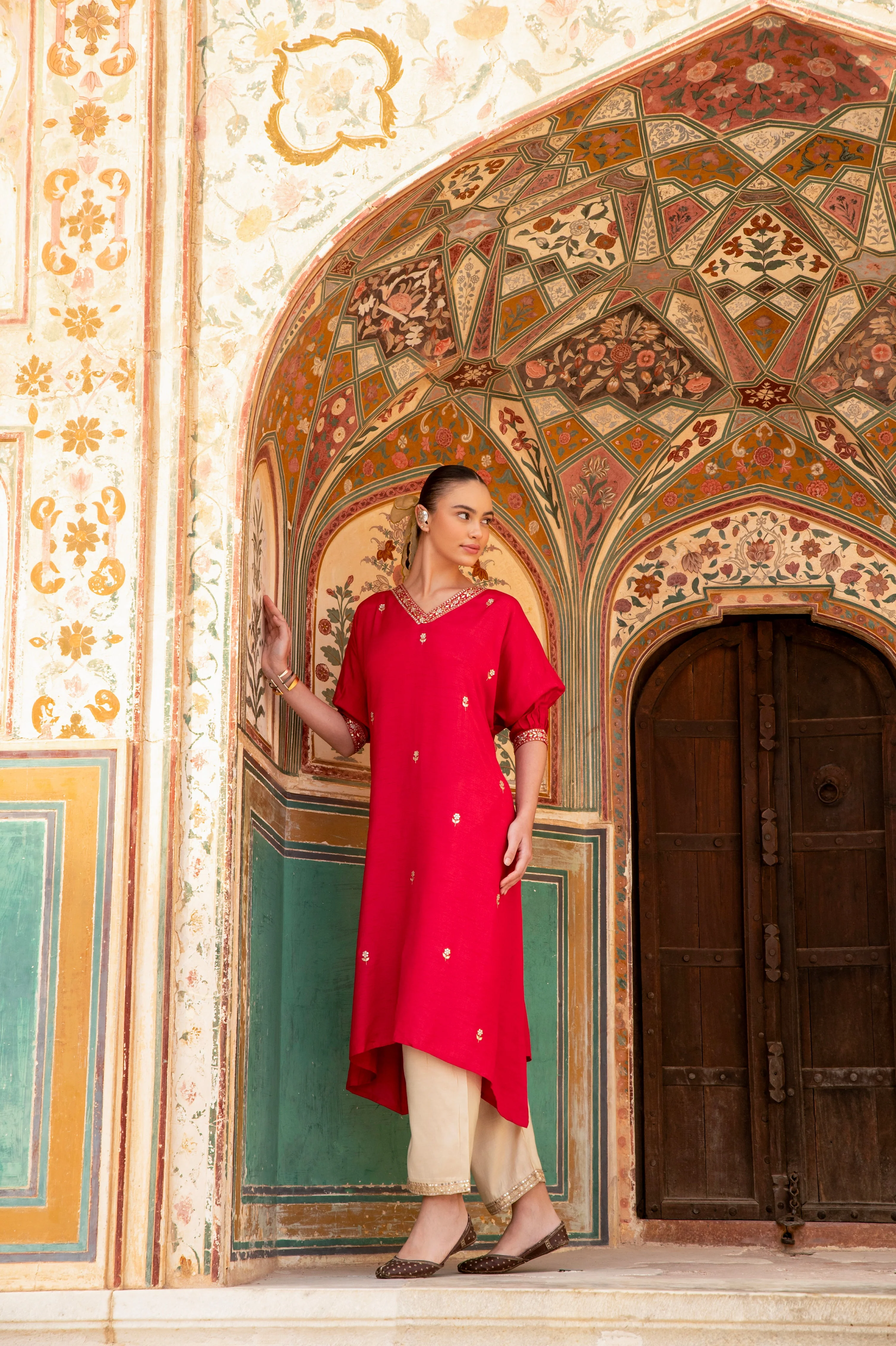 Cherry Red Embellished Dola Silk Kurta Set - Image 3