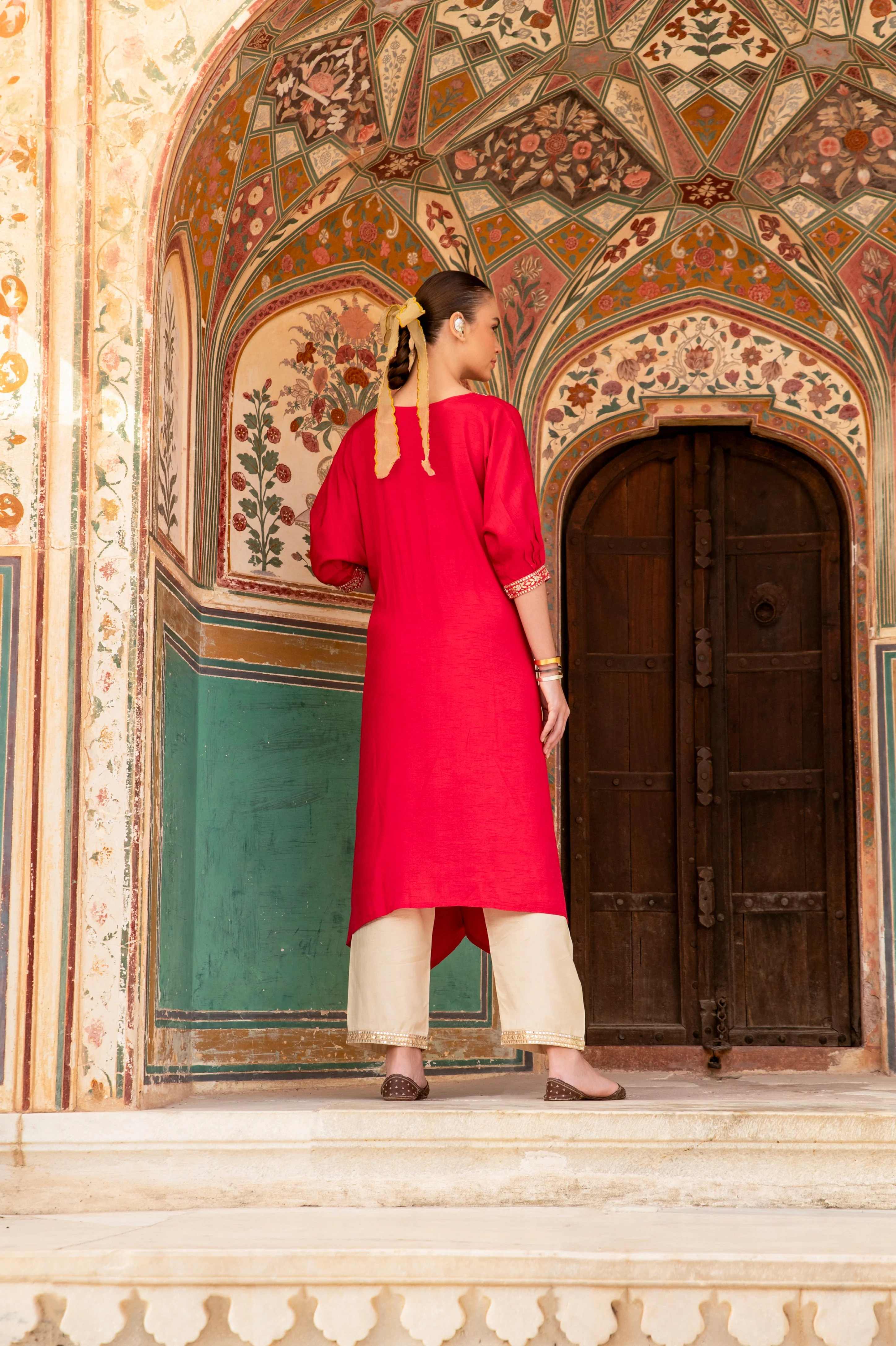 Cherry Red Embellished Dola Silk Kurta Set - Image 4