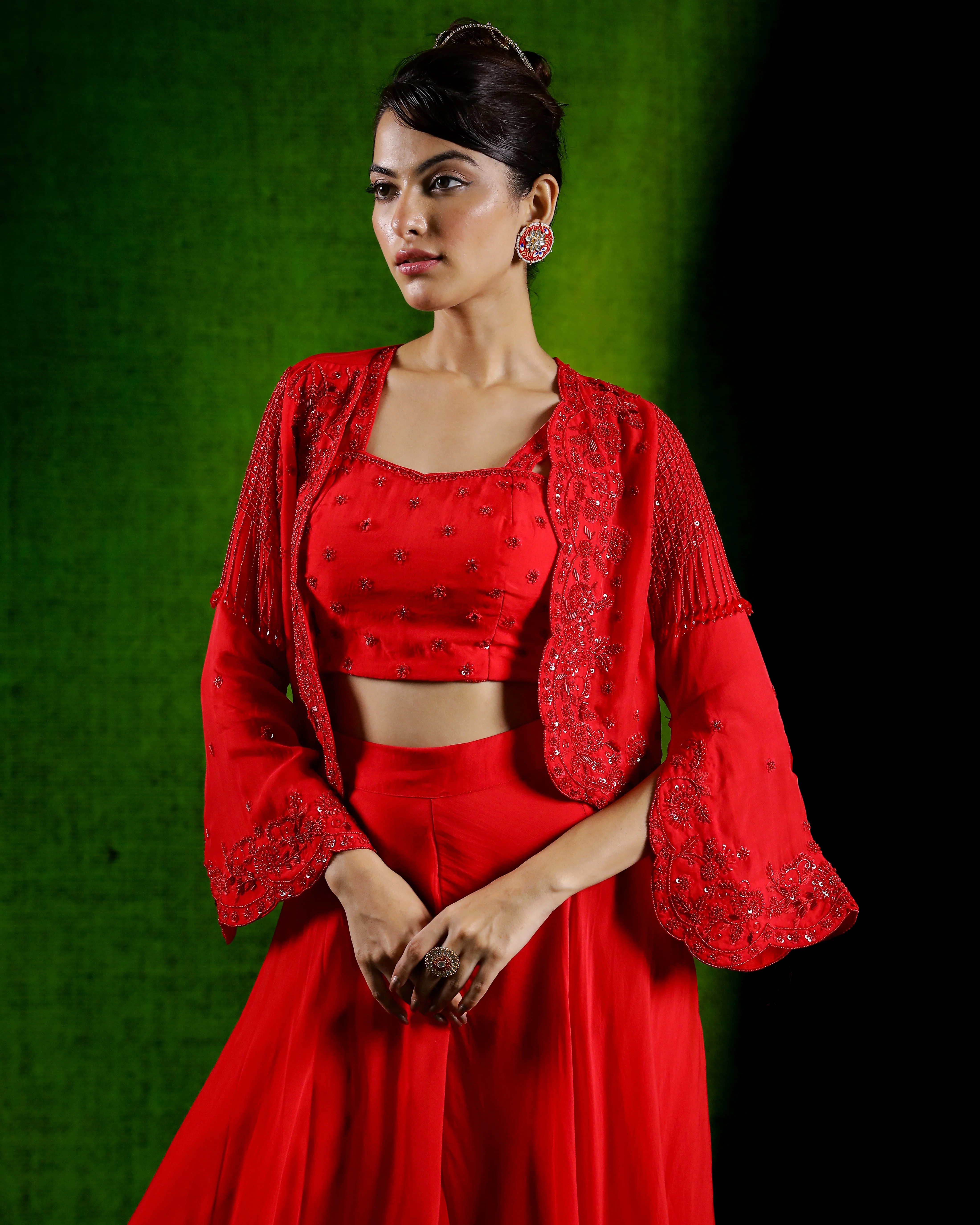 Cherry Red Embellished Jacket Palazzo Set - Image 2
