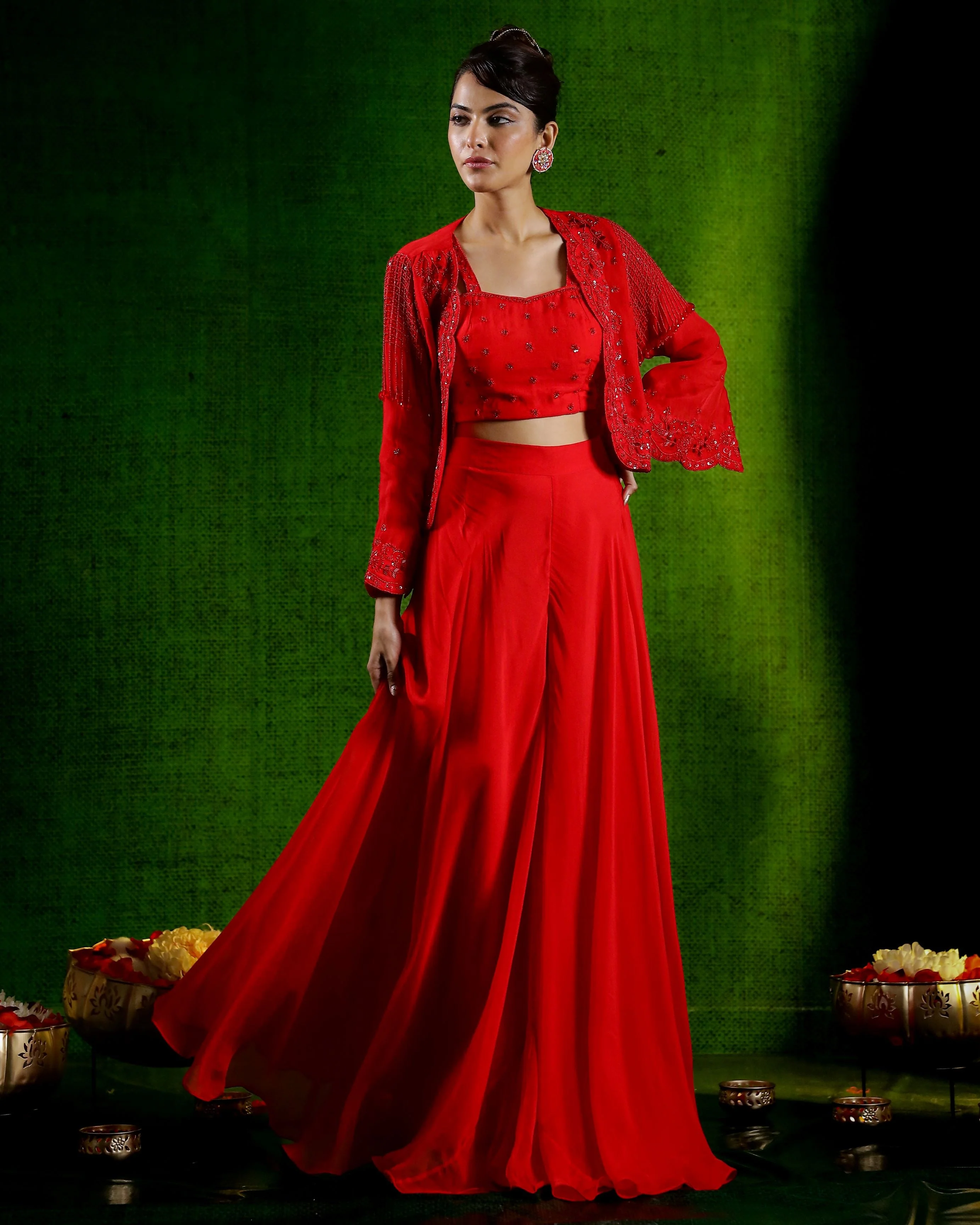Cherry Red Embellished Jacket Palazzo Set - Image 3
