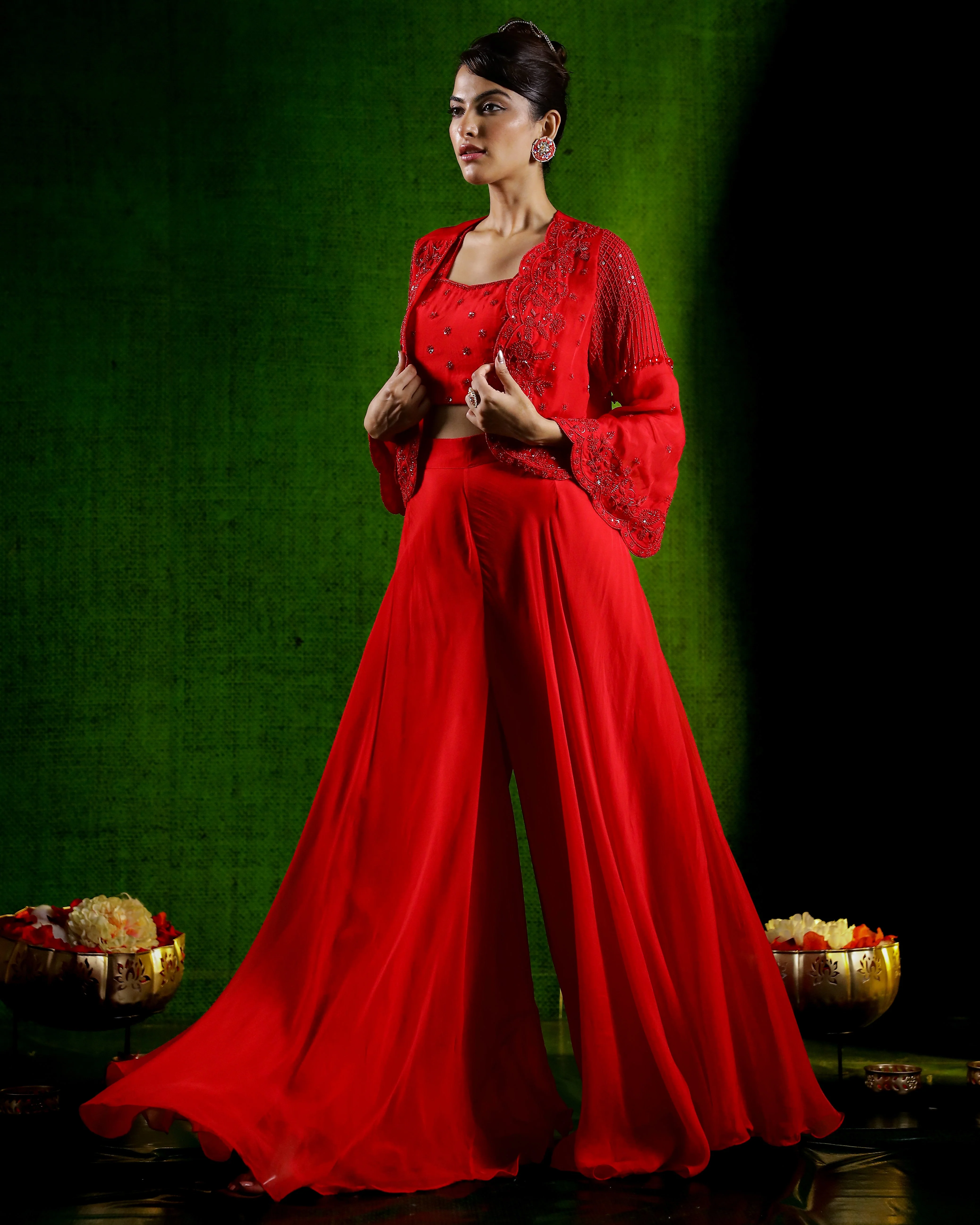Cherry Red Embellished Jacket Palazzo Set - Image 4
