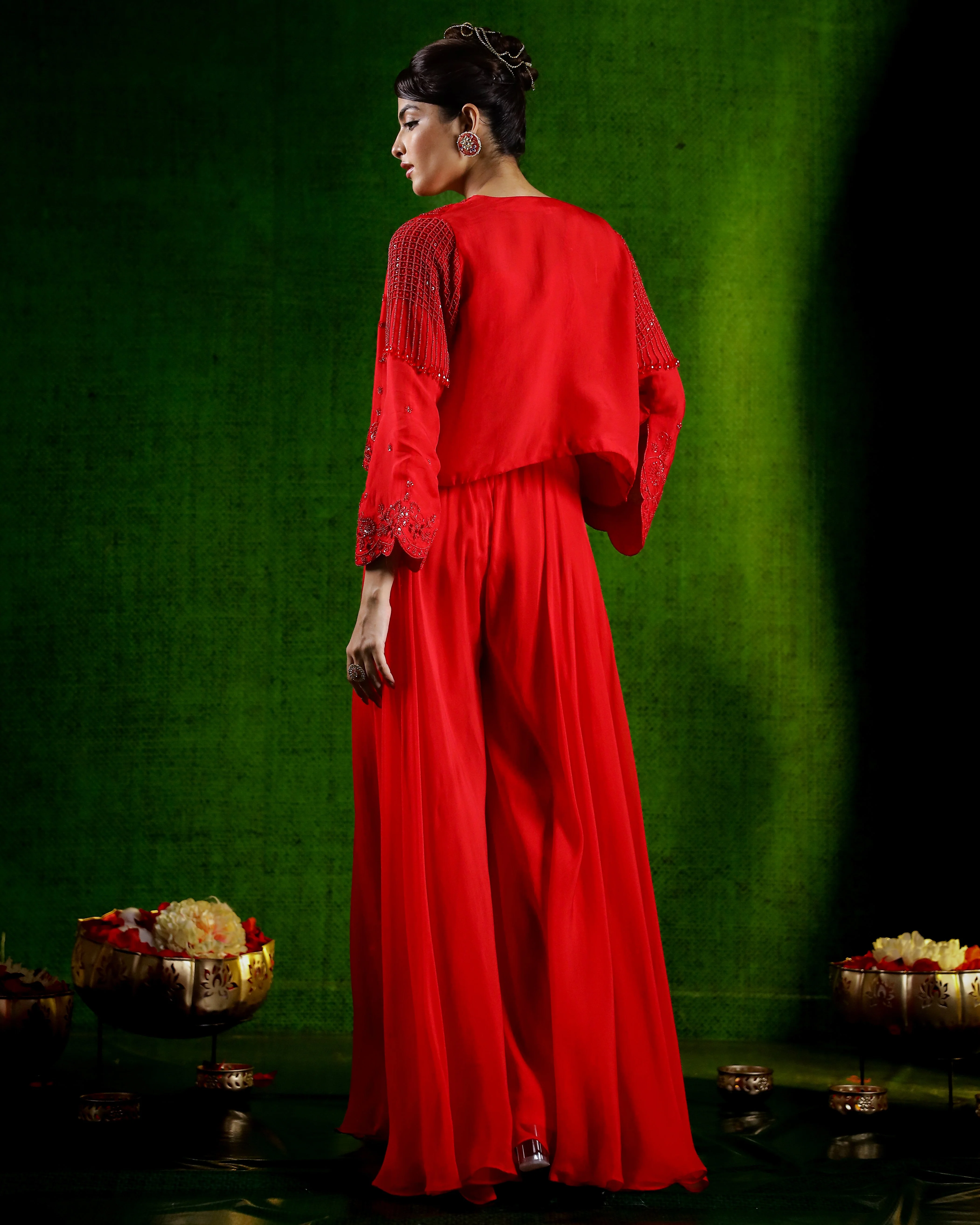 Cherry Red Embellished Jacket Palazzo Set - Image 5