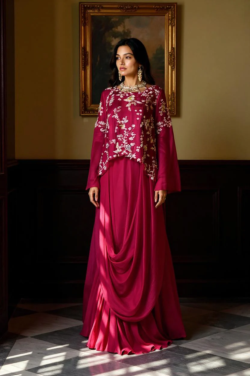 Cranberry Pink Embellished Viscose Silk Skirt Set - Image 3
